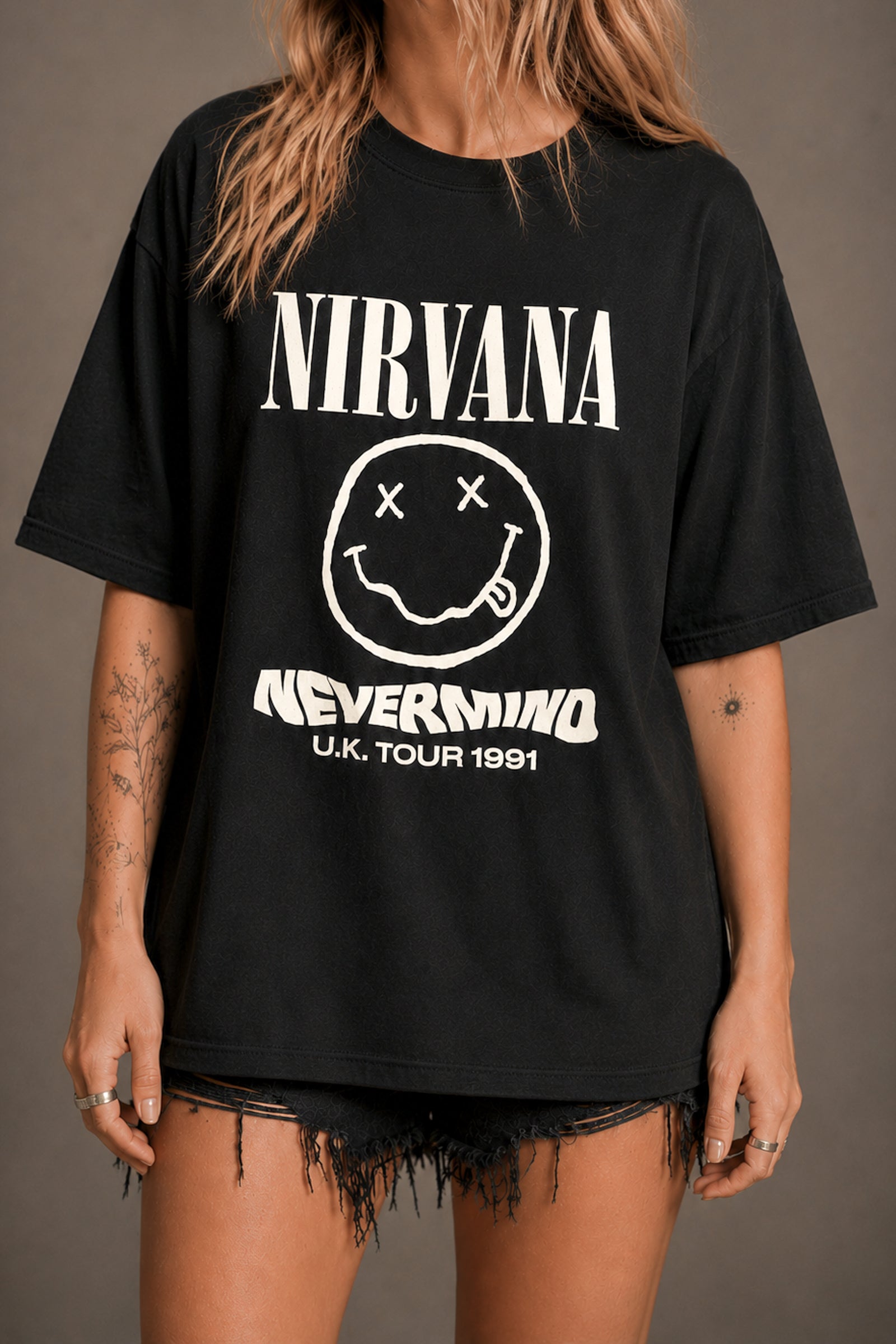 Little Lies Nirvana Nevermind tour 1991 oversized band tee in black with logo and smiley graphic print