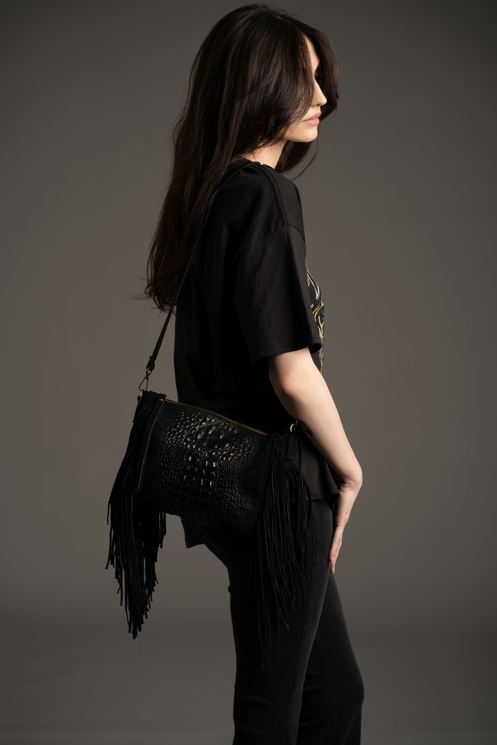 Niska Black Genuine Suede Fringed Bag