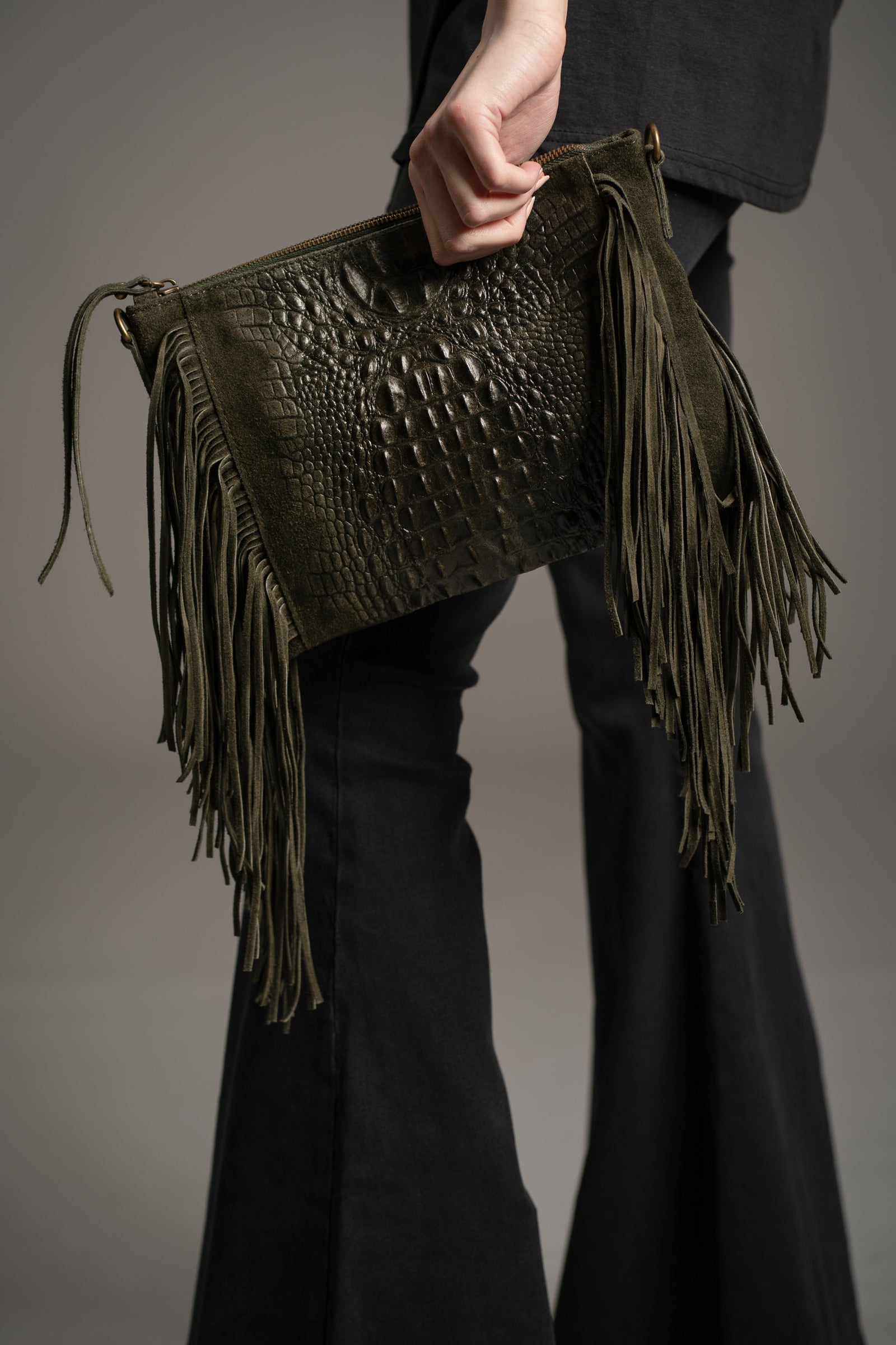 Niska Khaki Genuine Suede Fringed Bag