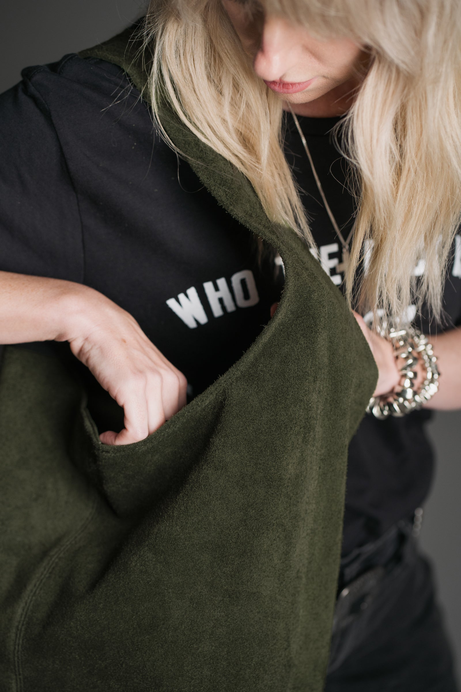 Close-up of the Olsen Khaki Genuine Suede Slouchy Bag showing its soft textured suede and spacious slouchy shape.