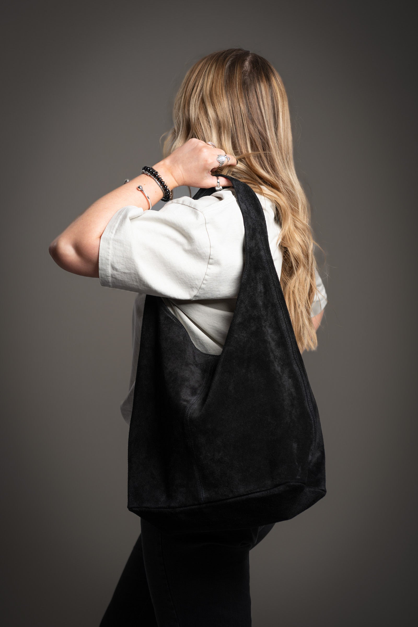 Olsen Black Genuine Suede Slouchy Bag