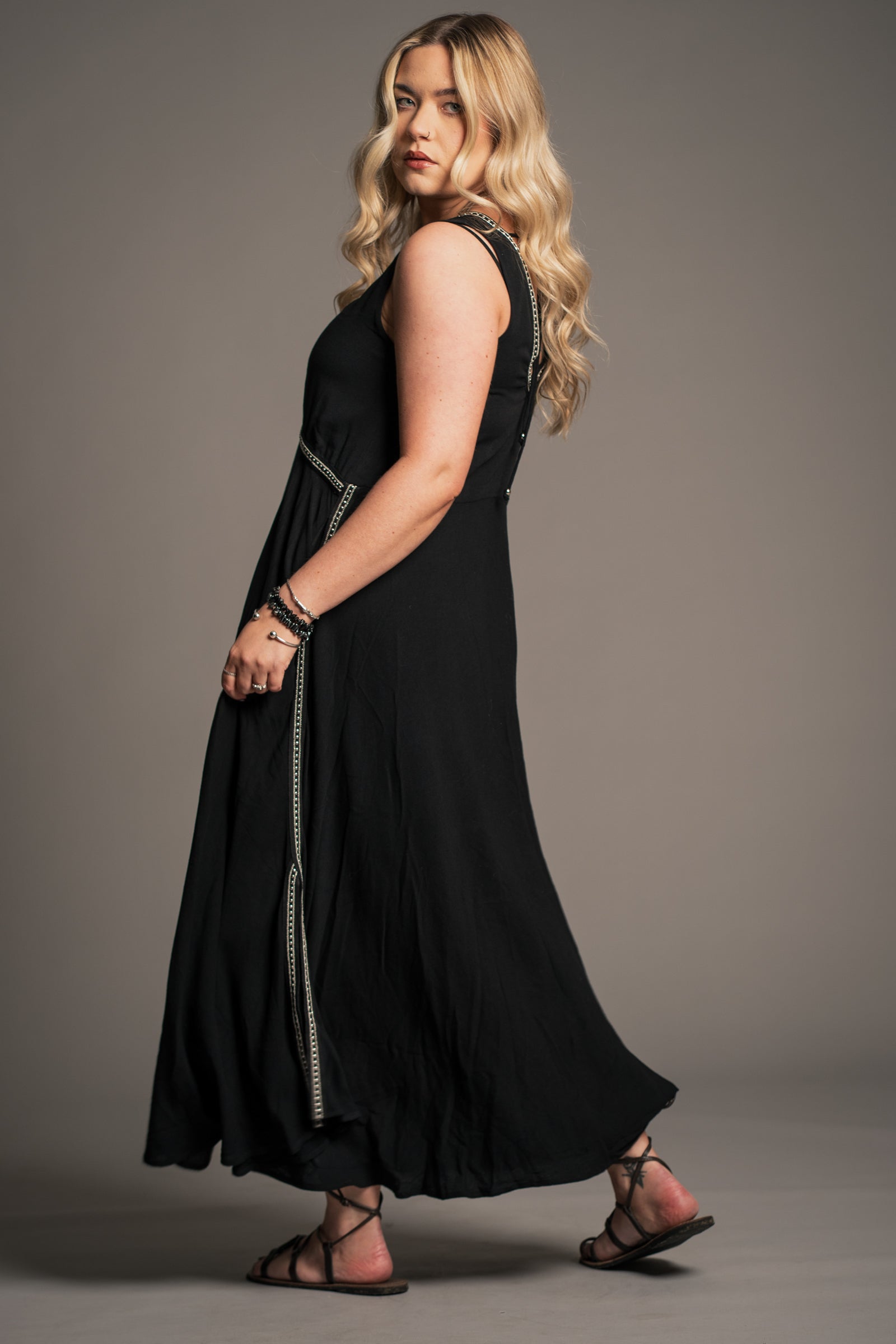 Onyx black studded midi dress, fluid midaxi length