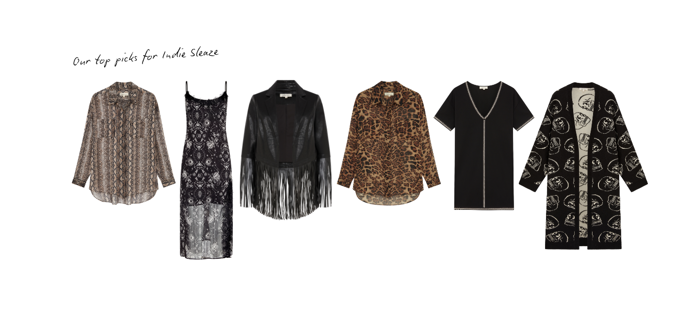 Flat‑lay lineup of indie‑sleaze inspired pieces including a snakeskin shirt, celestial slip dress, fringed faux‑leather jacket, leopard print blouse, black stud‑trim tunic and graphic longline cardigan