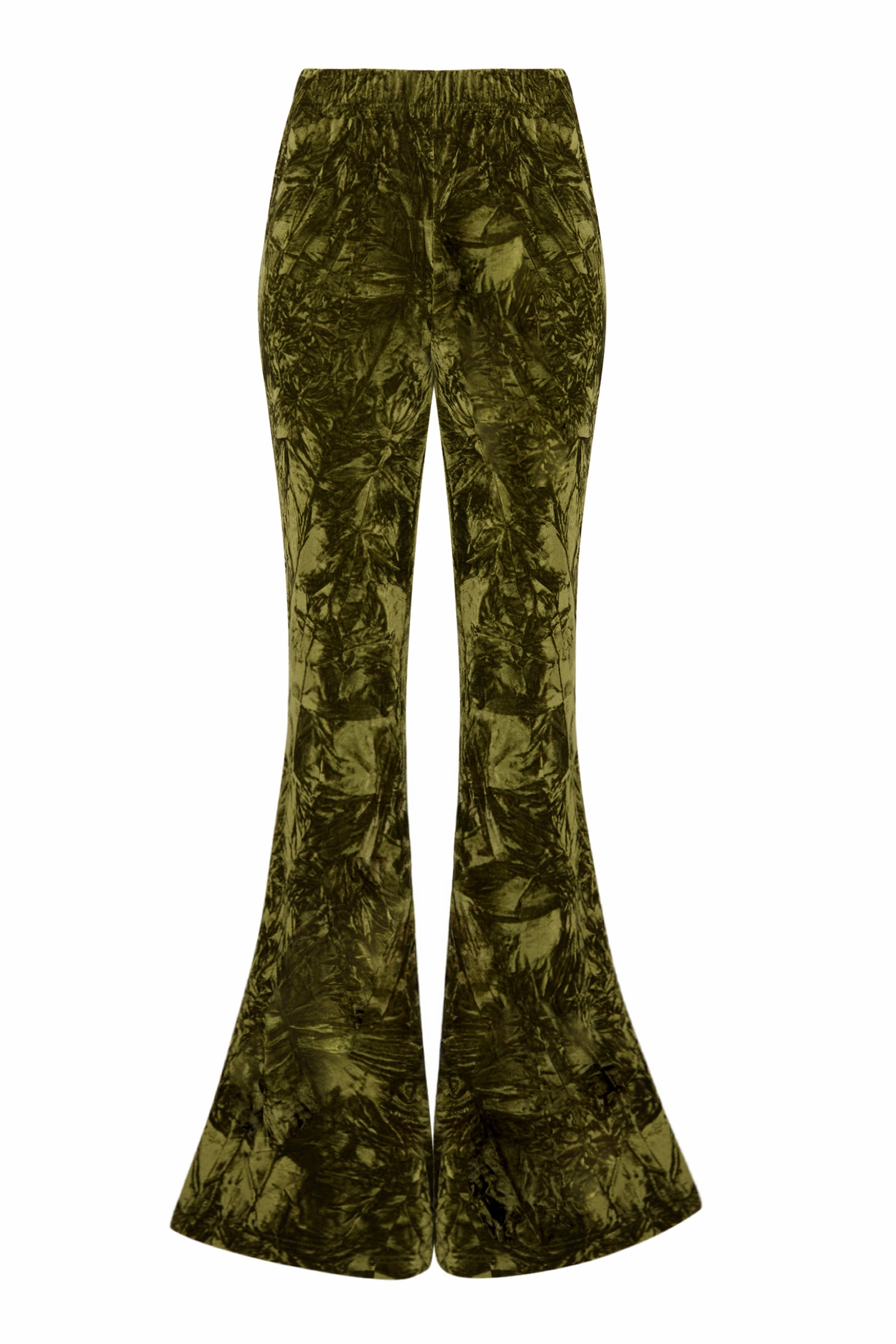 Ghost image of Little Lies Hendrix olive crushed velvet flared trousers, high-waist boho style with wide leg silhouette