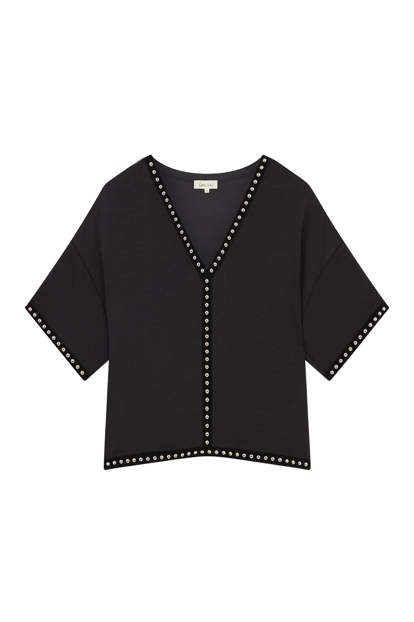 Ghost image of Little Lies Lita studded satin tee in black with V-neckline and silver stud trim on sleeves and hem