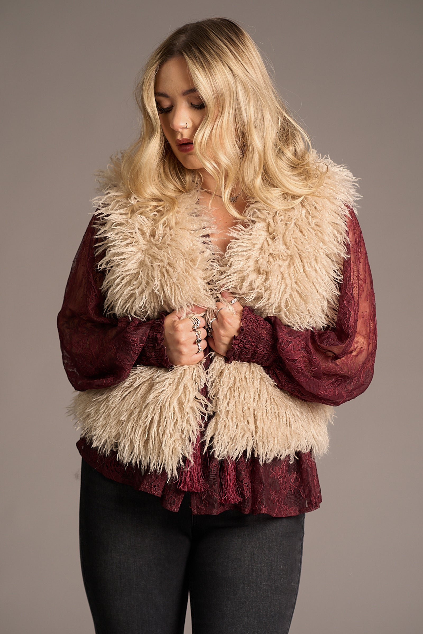 Erin wears cream Penny Lane Faux Mongolian Fur Gilet over burgundy lace blouse, Stevie Nicks inspired styling studio