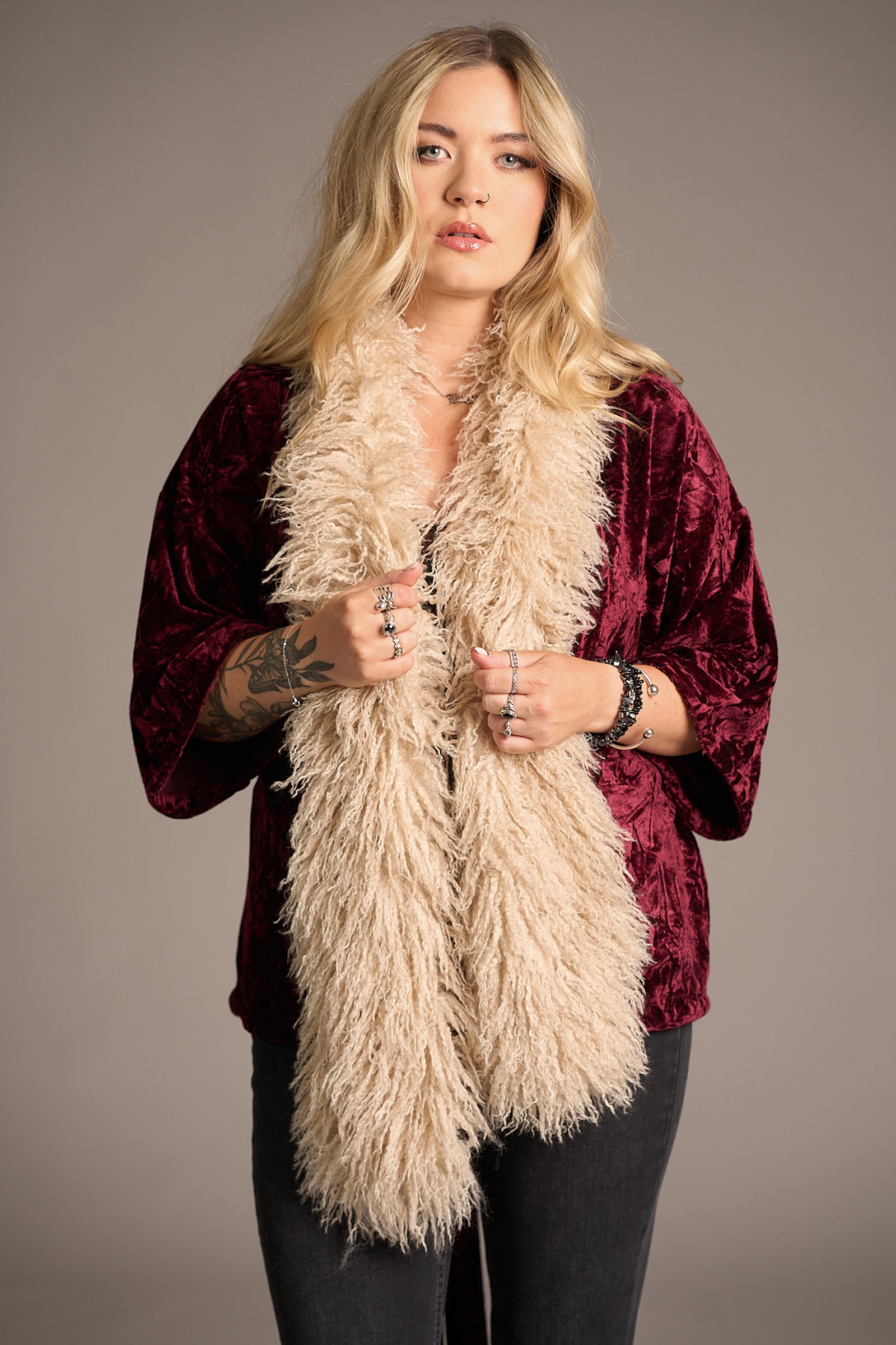 Erin wearing the Penny Lane Faux Mongolian Fur Scarf, Stevie nicks inspired styling studio