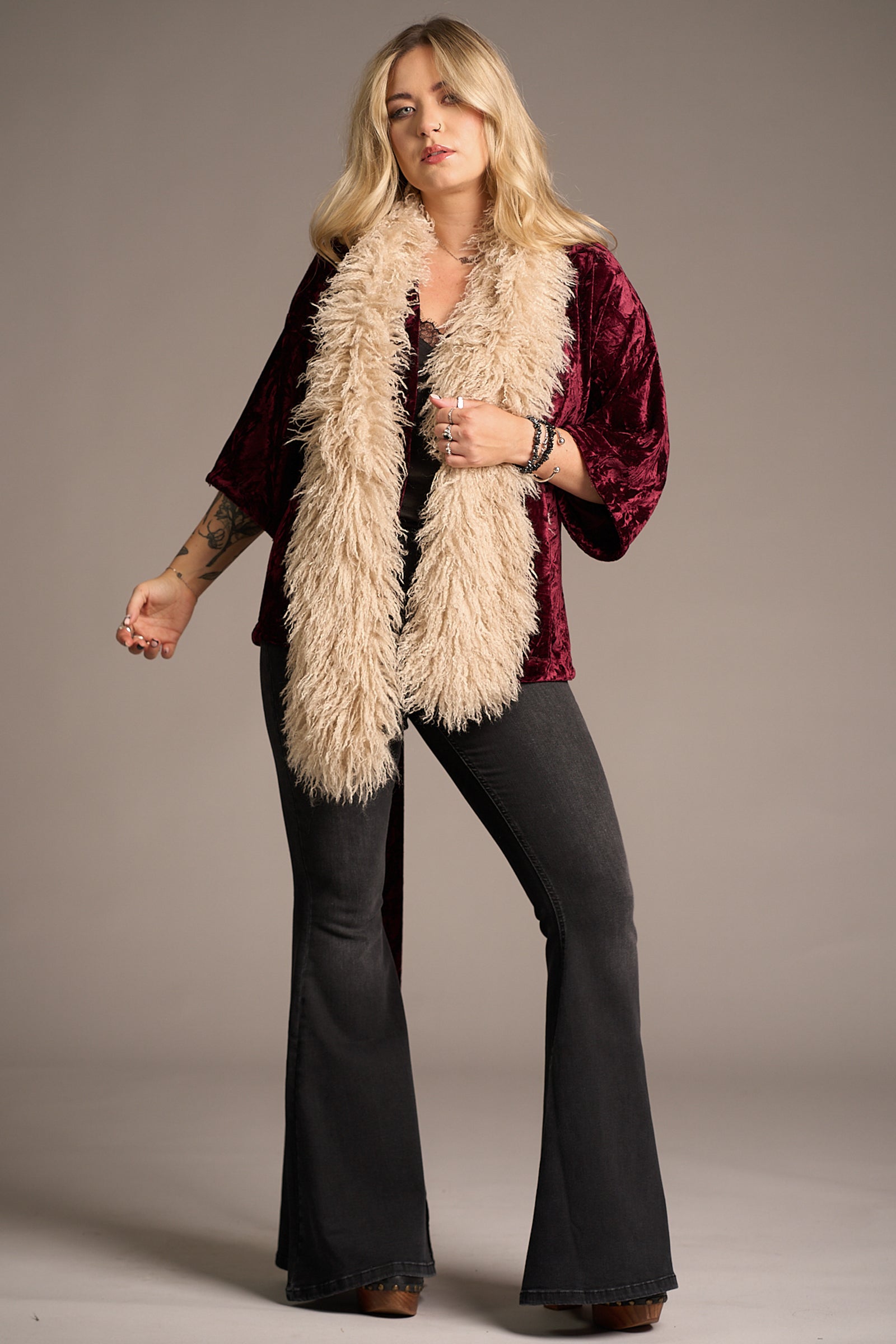 Erin wearing the Penny Lane Faux Mongolian Fur Scarf, Stevie nicks inspired styling studio