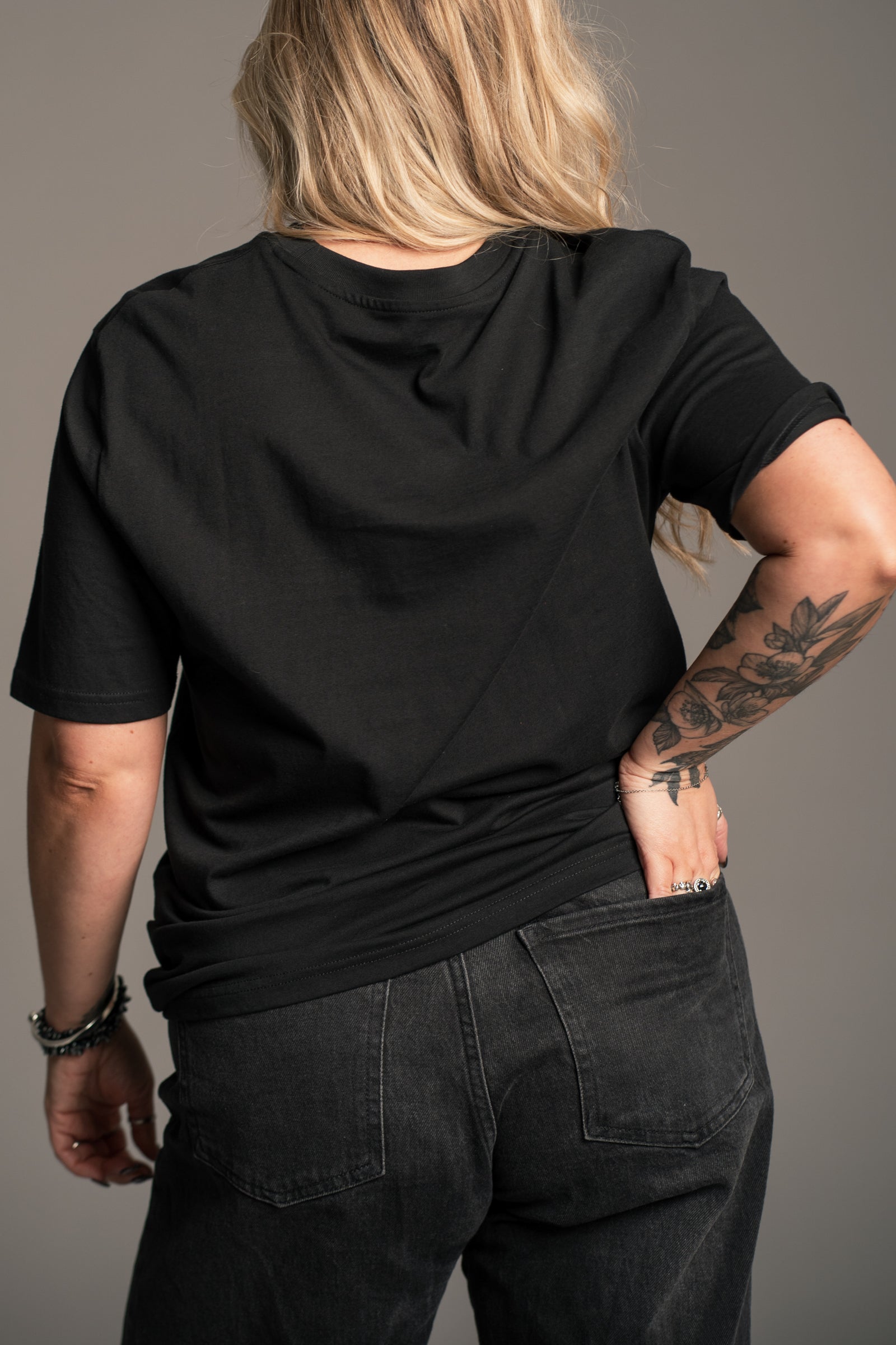 Little Lies Rebel Rebel black graphic t‑shirt, classic relaxed fit cotton tee, on‑model back view