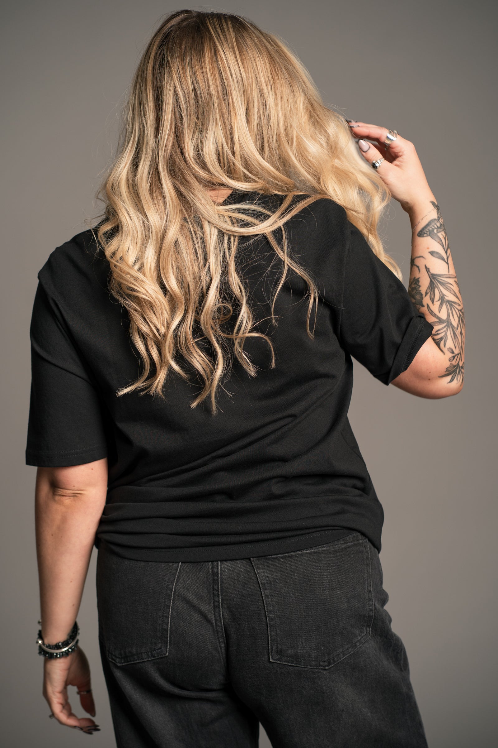 Little Lies Rebel Rebel black graphic t‑shirt, classic relaxed fit cotton tee, on‑model back view