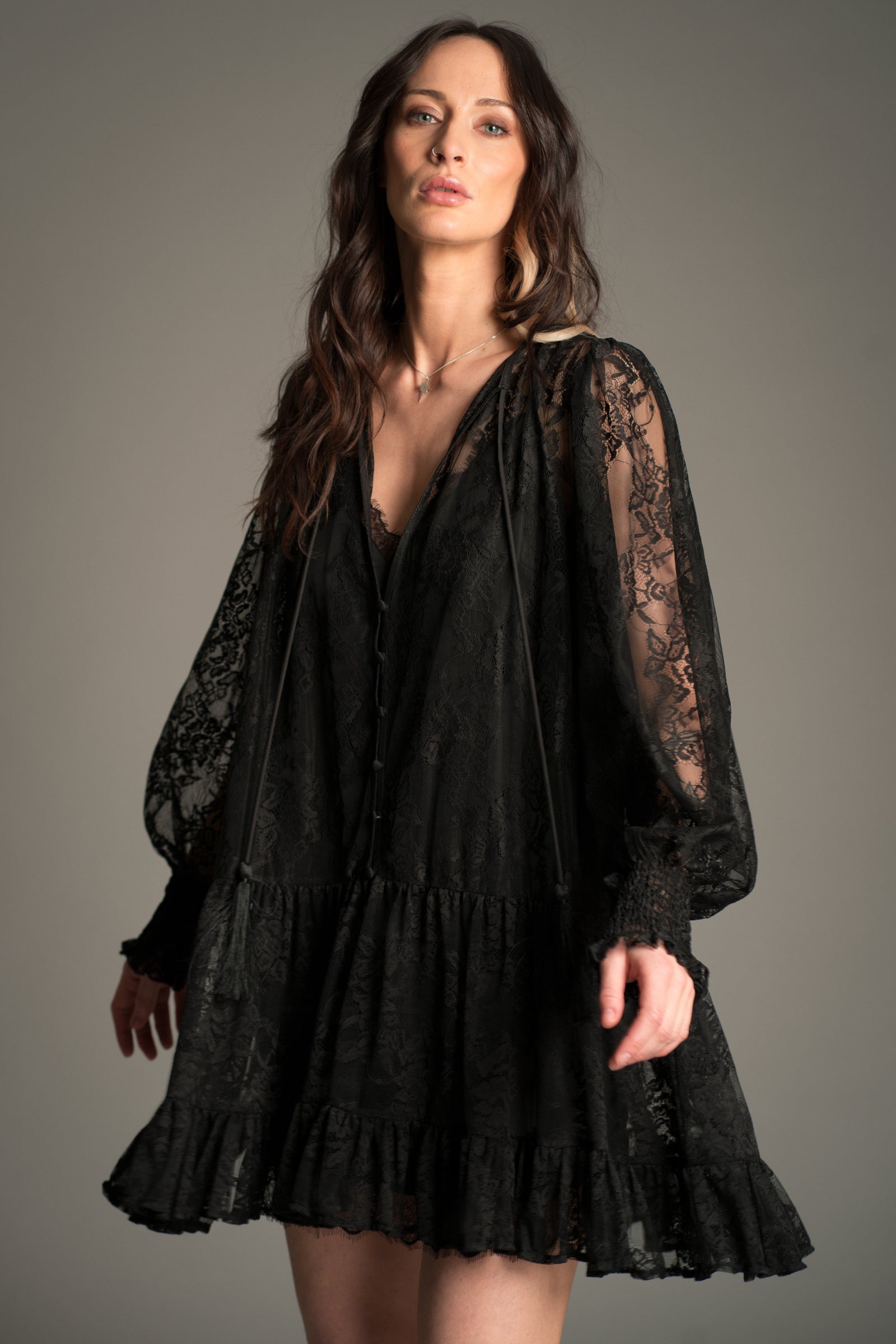 Rhiannon Black Lace Smock Dress