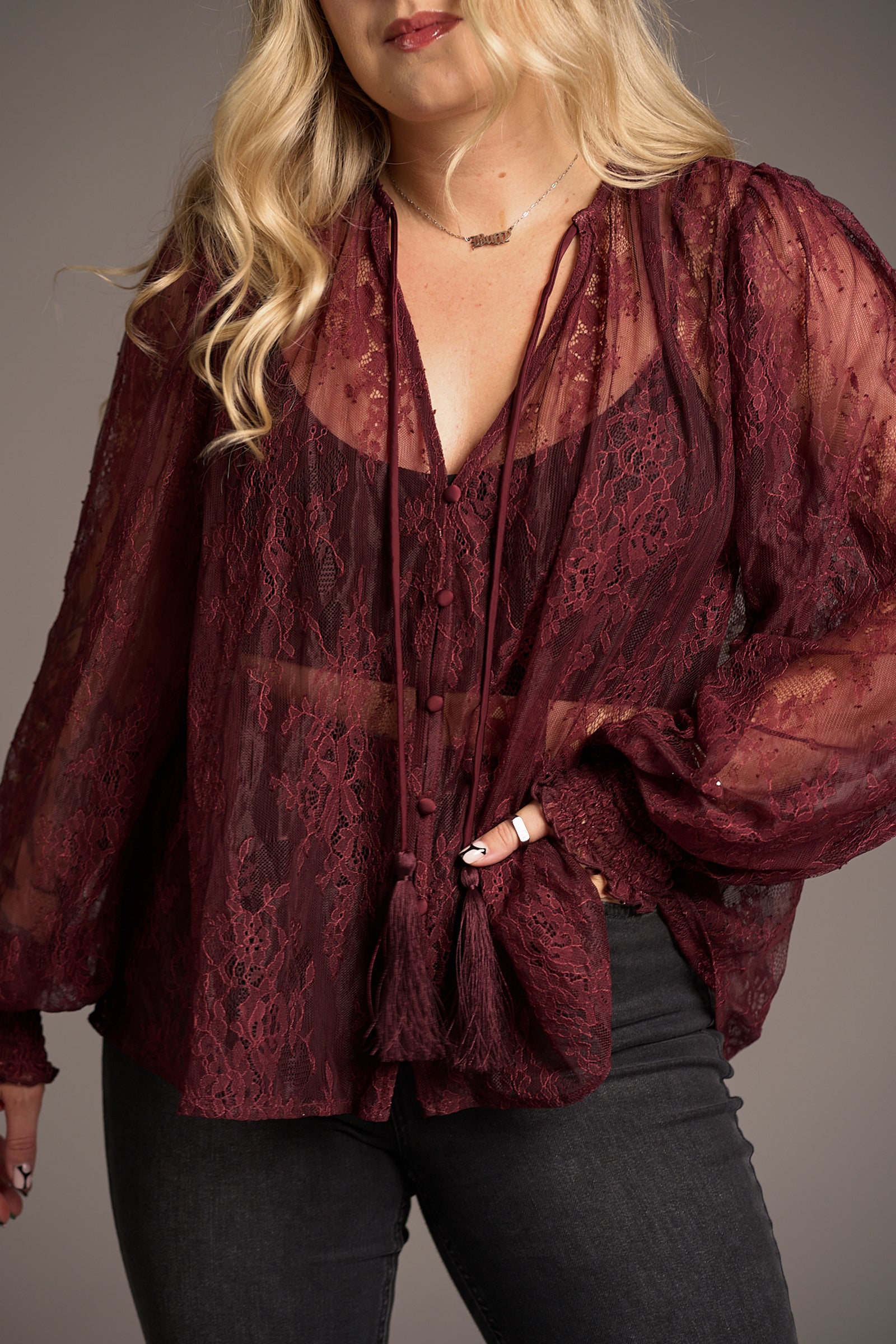 Erin wears Rhiannon Burgundy Lace Smock Top, fabric detail shot showing Stevie Nicks inspired style