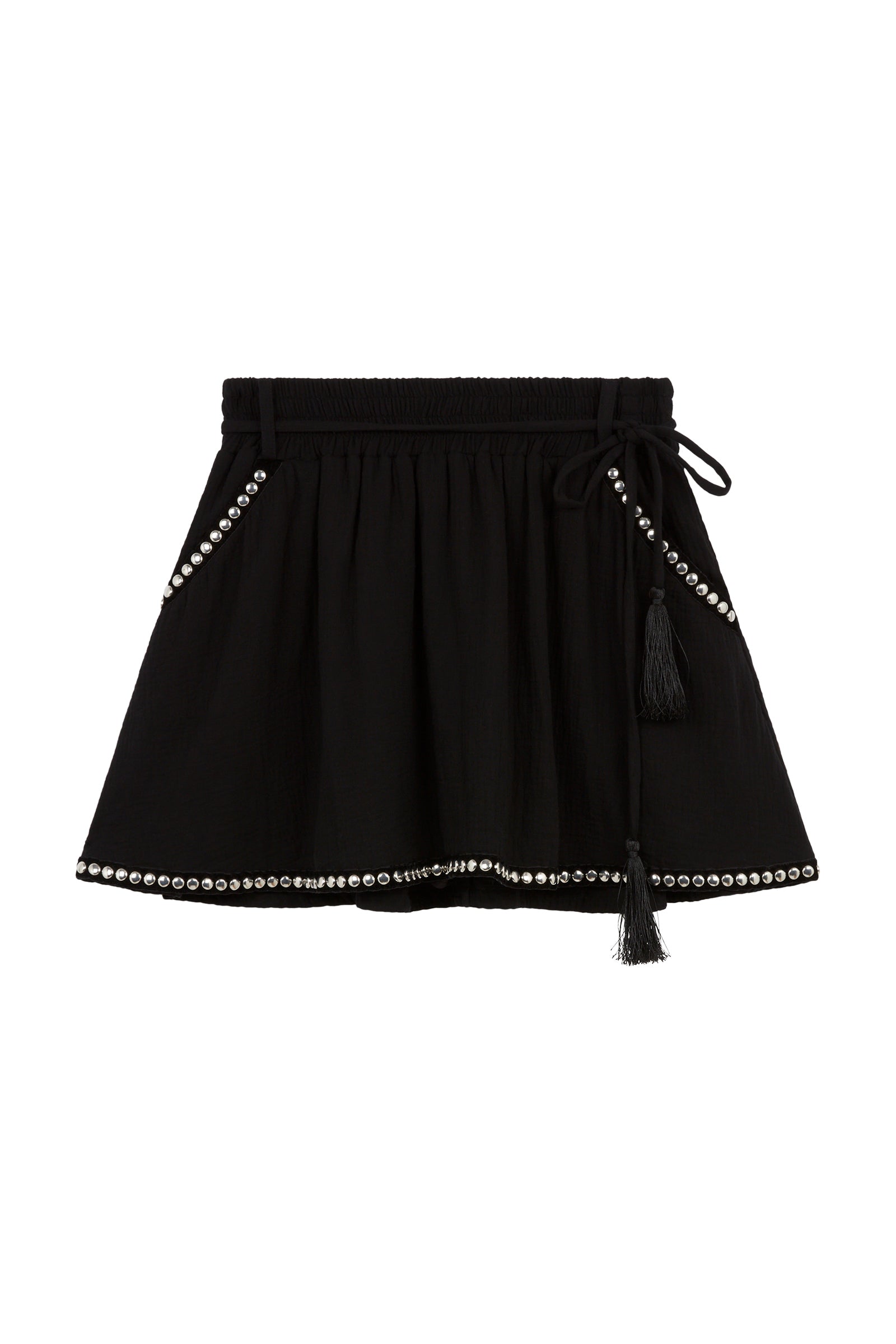 Little Lies Kravitz Black Studded Skort with chirred elasticated waist band, a black cord waist tie and silver studding details around the hem and pockets. Laid flat with a white background.