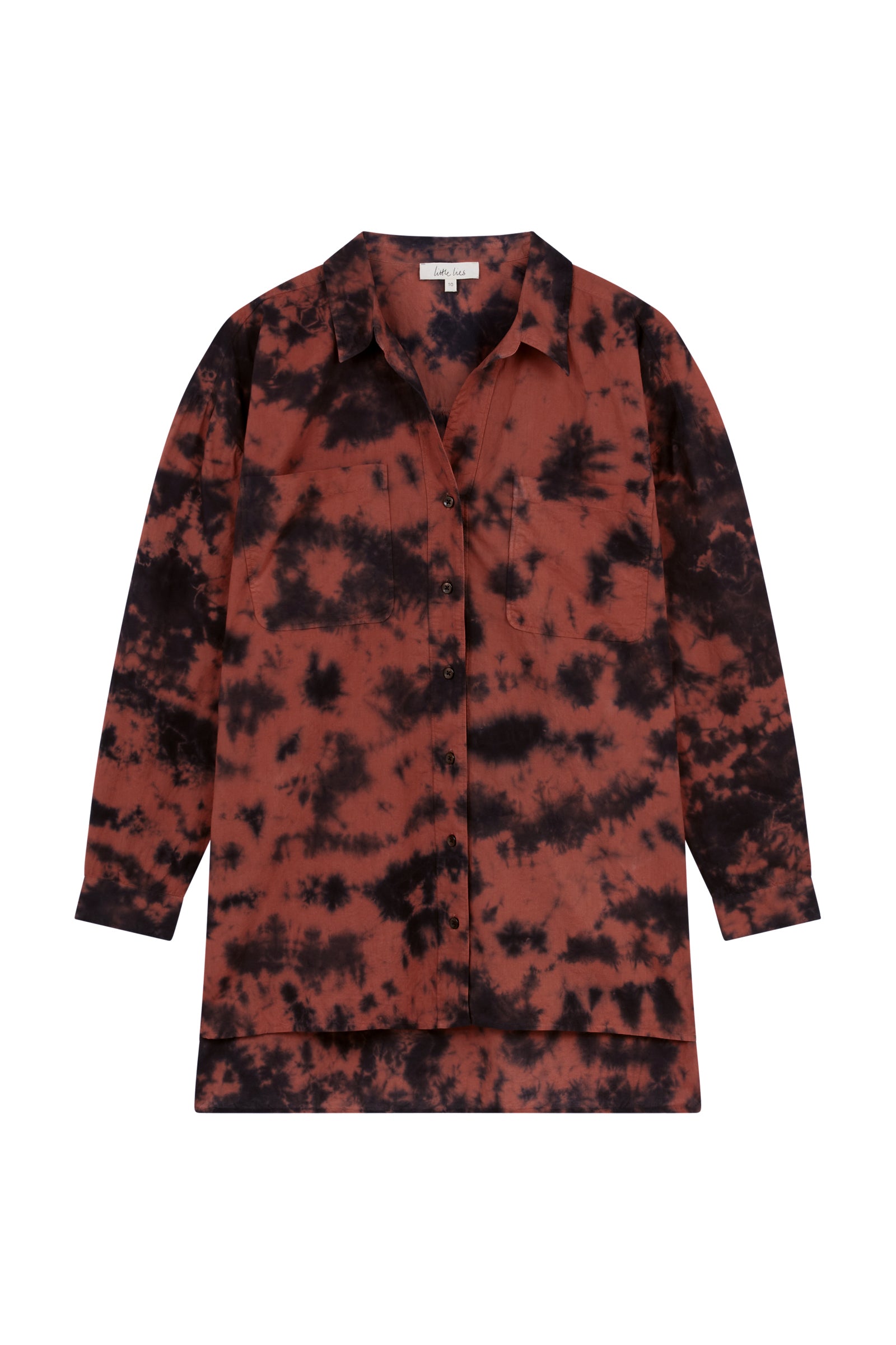 Little Lies Zephyr Tie Dye Co-Ord Shirt, a vibrant tie-dye co-ord set featuring a relaxed-fit long-sleeve shirt shown laid flat on a white backdrop.