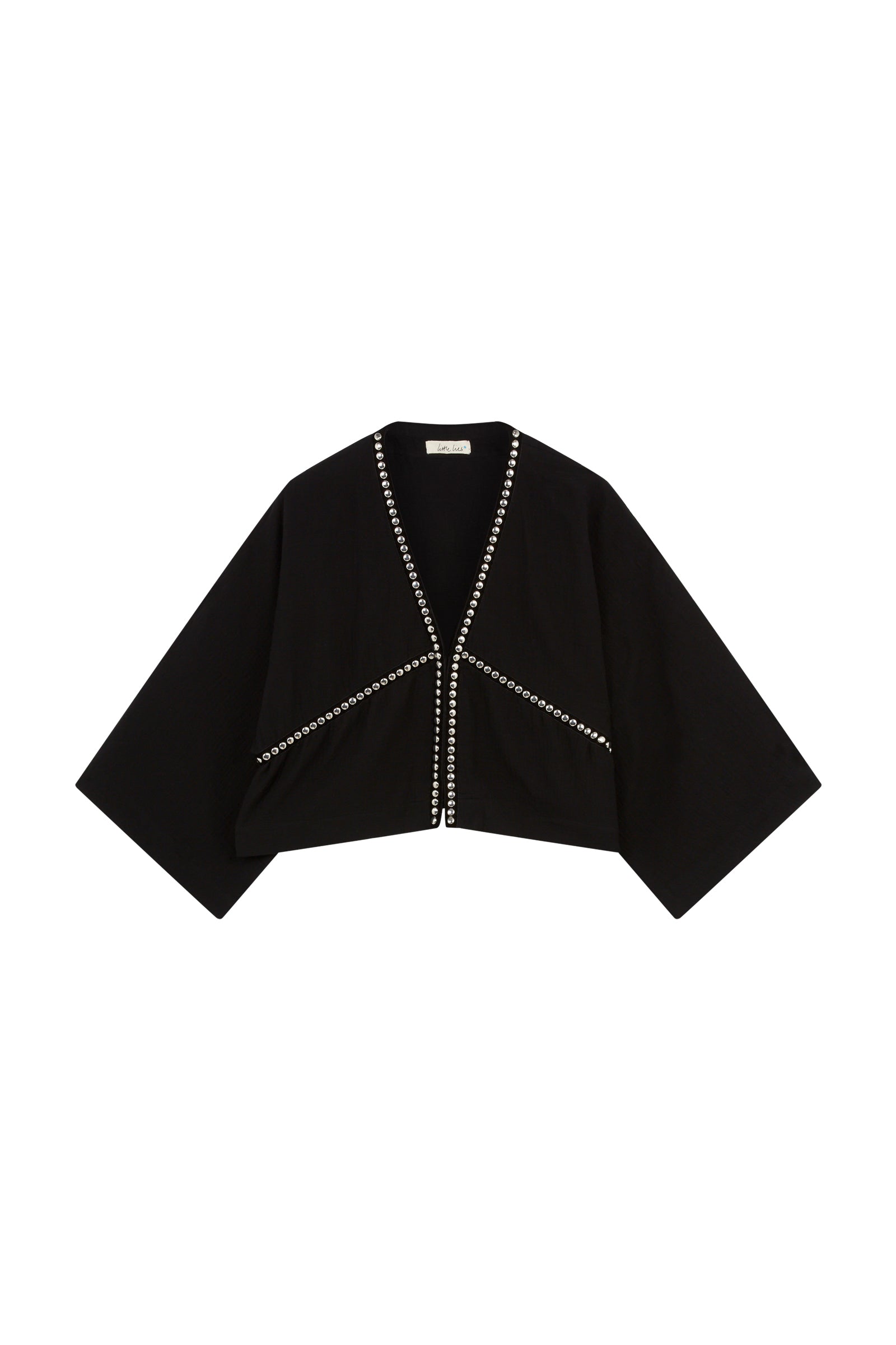 Flat lay image of the Little Lies Kravitz Black Studded Cheesecloth Top with stud details around the neckline and front of the top. 