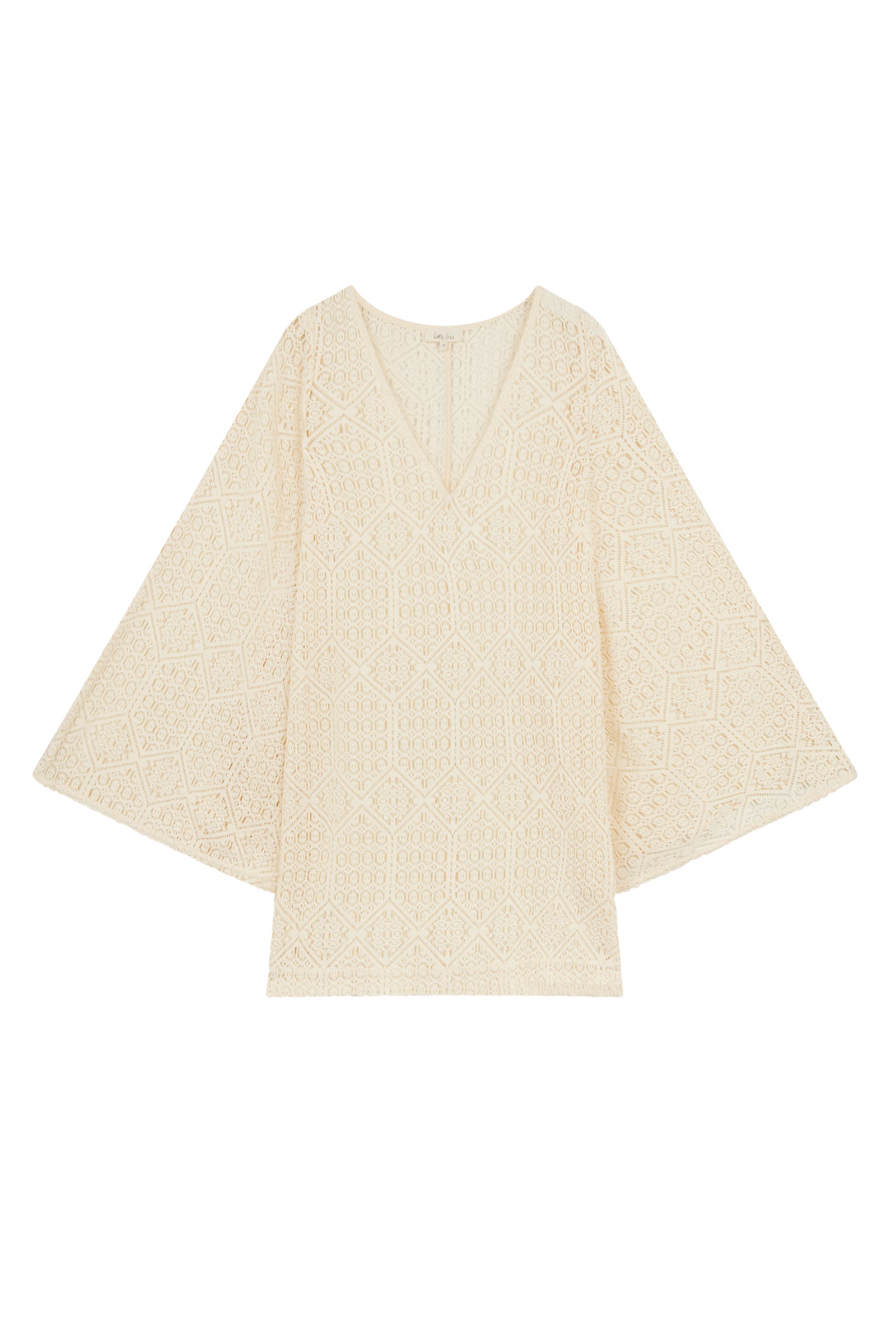 Little Lies Goldie Ivory Crochet Mini Dress featuring V-neck design , bold flared sleeves laid flat with a white background.