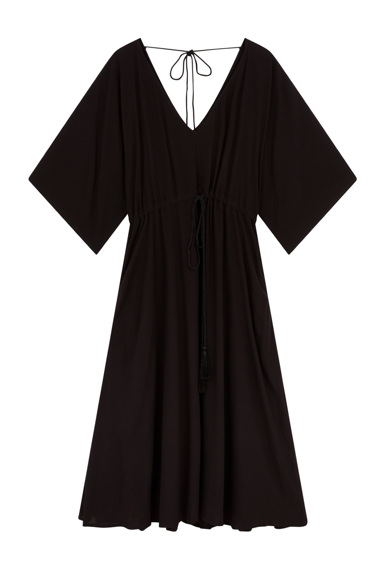 Little Lies Blackbird Tie Waist Midi Dress, featuring a flattering V-neckline, batwing sleeves, an adjustable tie waist, and a flowing midi-length kaftan silhouette. This lightweight, drapey dress is laid flat on a white backdrop.