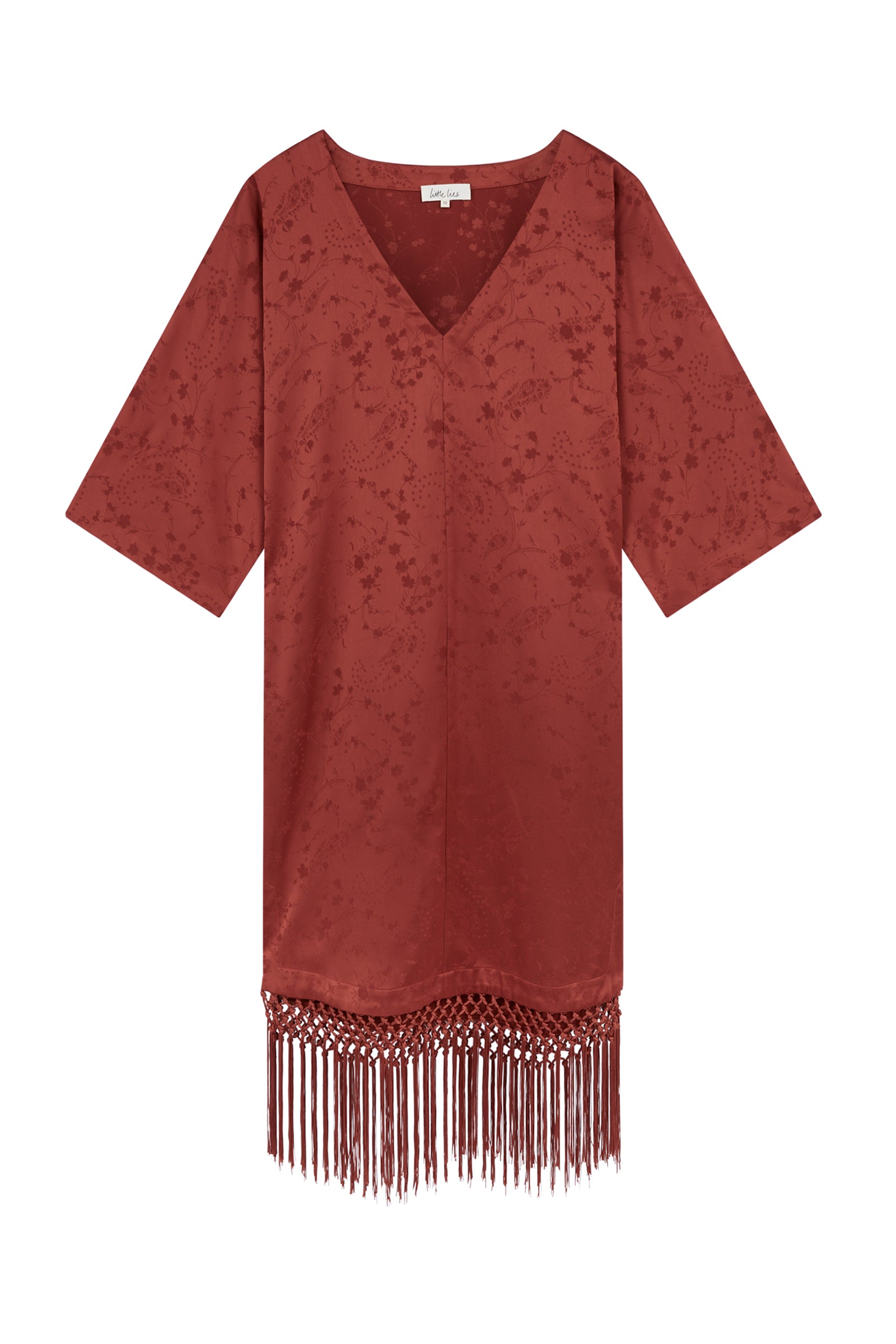 Little Lies Florence rust-colored fringe satin kimono dress with three-quarter sleeves, V-neckline and fringing along the hem. The dress is laid flat on a white backdrop.