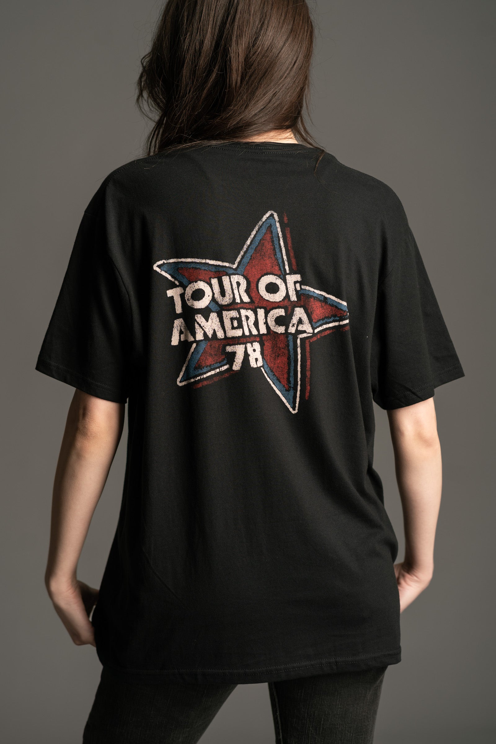 Little Lies Rolling Stones black graphic tour T-shirt with retro star ‘Tour of America ’78’ print on the back