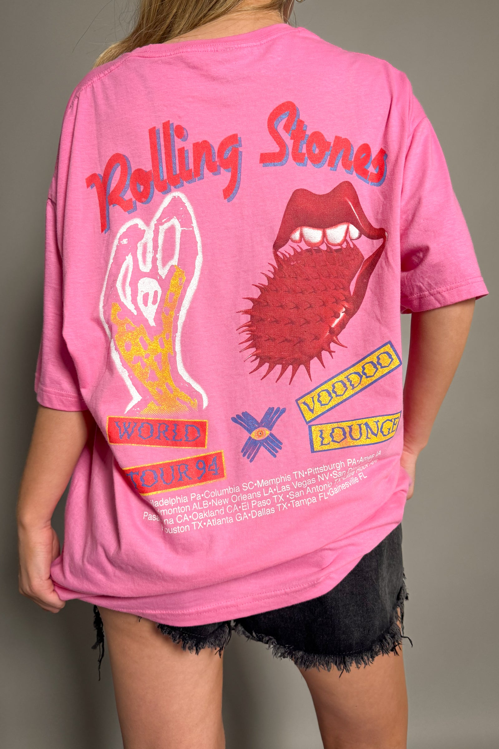 Back view of Little Lies The Rolling Stones Voodoo Lounge world tour 1994 band tee with tongue logo graphics and vintage concert-style print