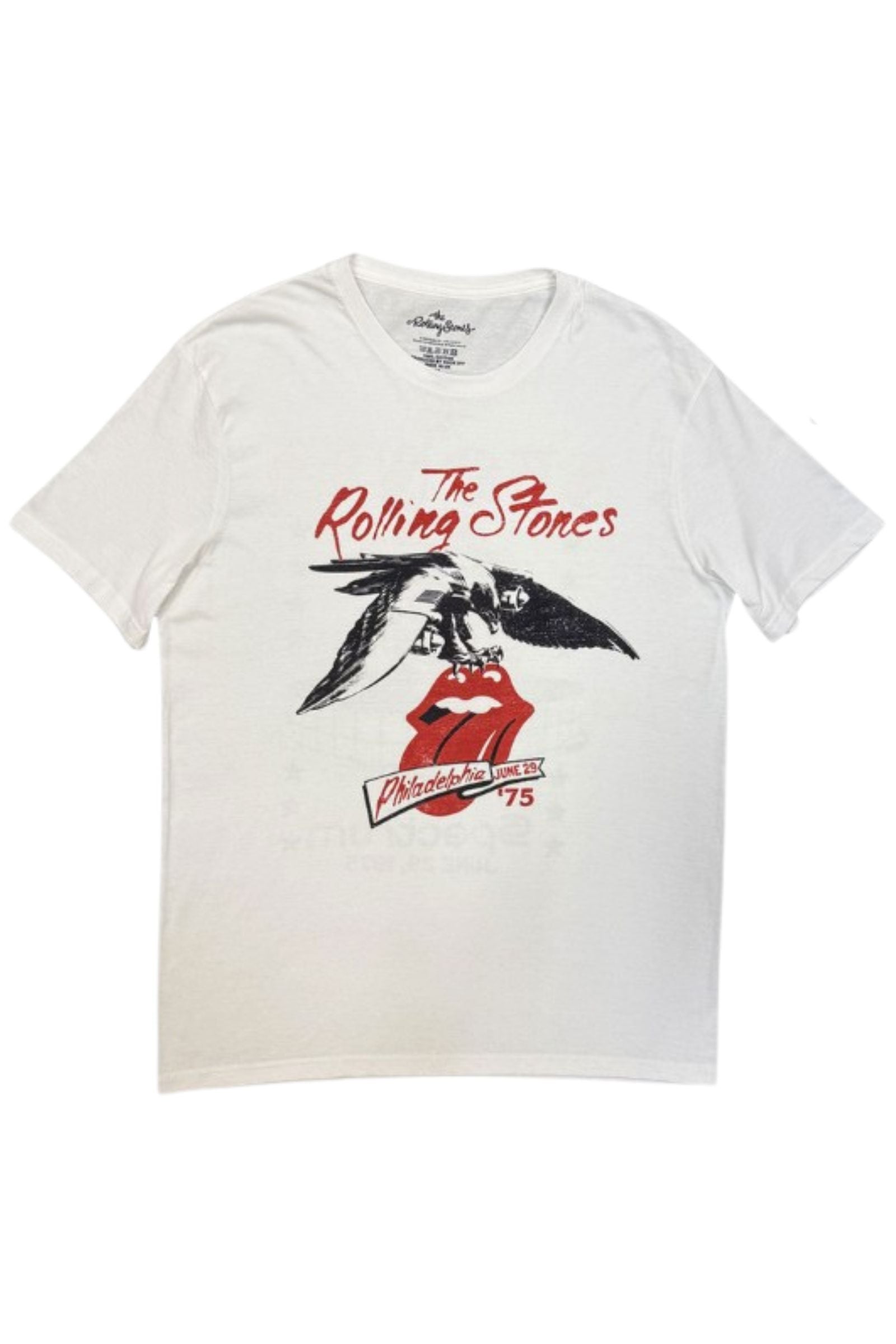 Front ghost image of the Rolling Stones Philadelphia 1975 band t-shirt in off-white.