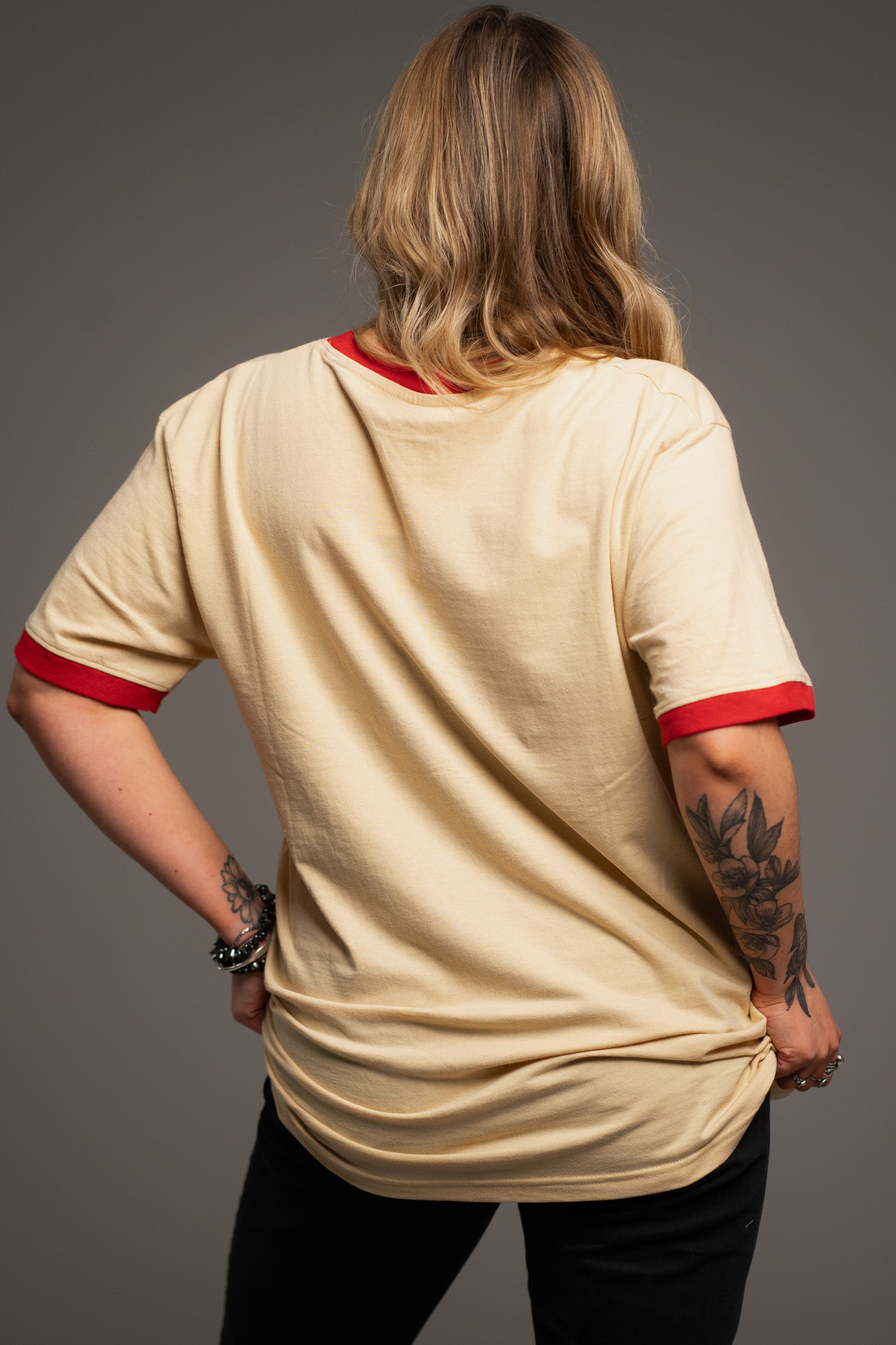 Back view of Rolling Stones Retro '78 Ringer Band Tee showing ringer collar and cuffs