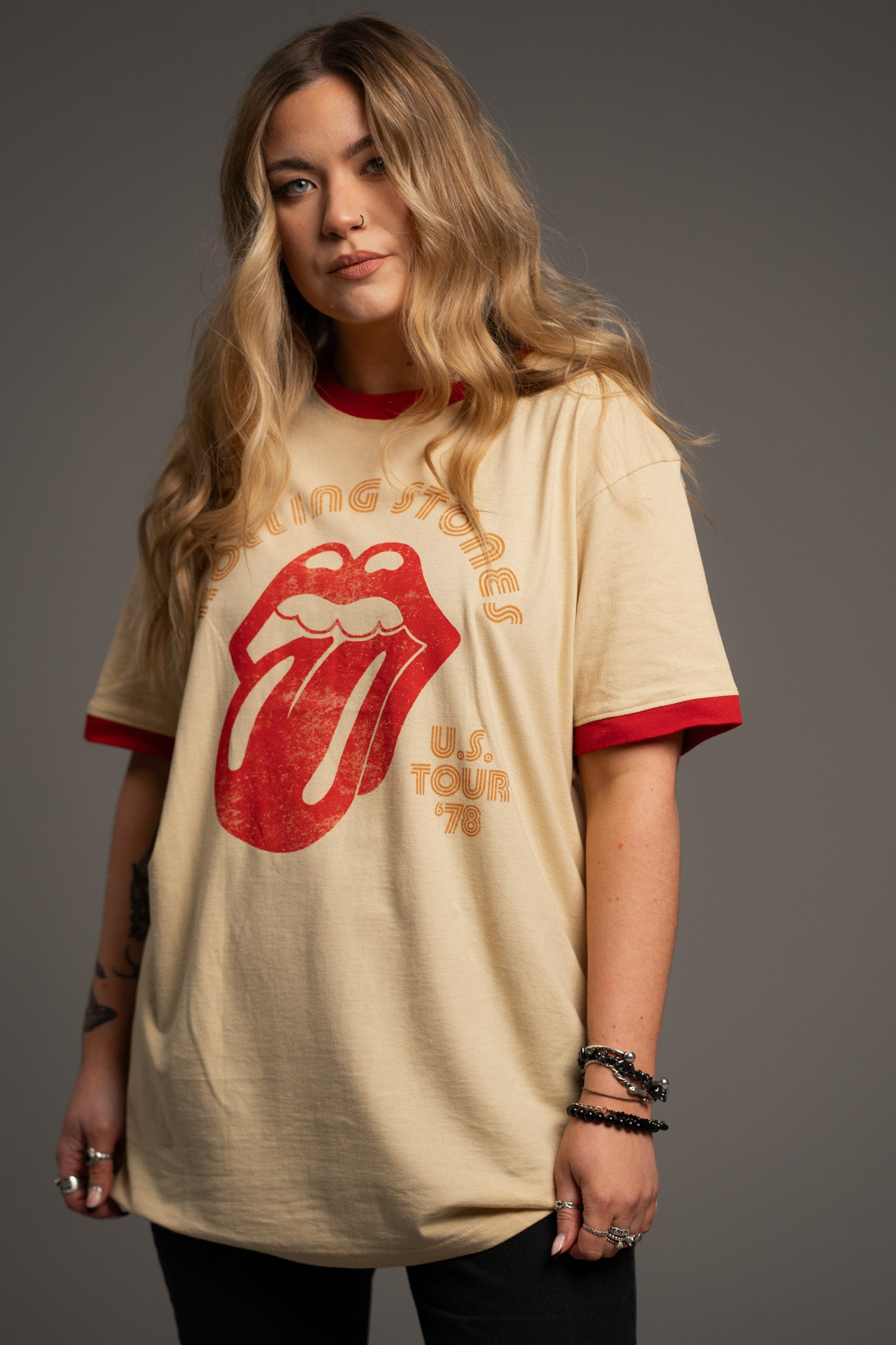 Full length Rolling Stones Retro '78 Ringer Band Tee styled with flares from Little Lies