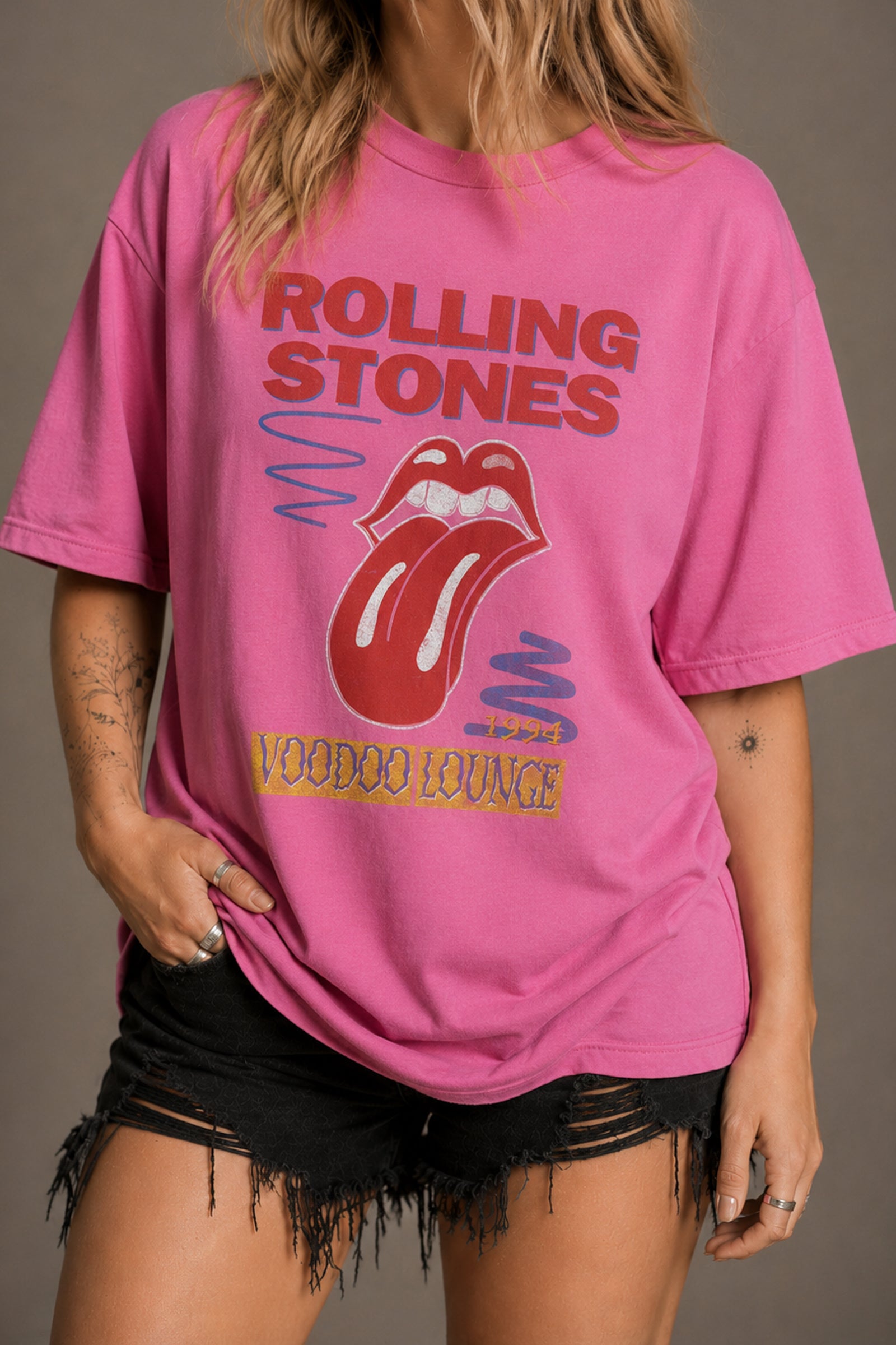 Little Lies The Rolling Stones Voodoo Lounge oversized band tee in pink with tongue logo graphic