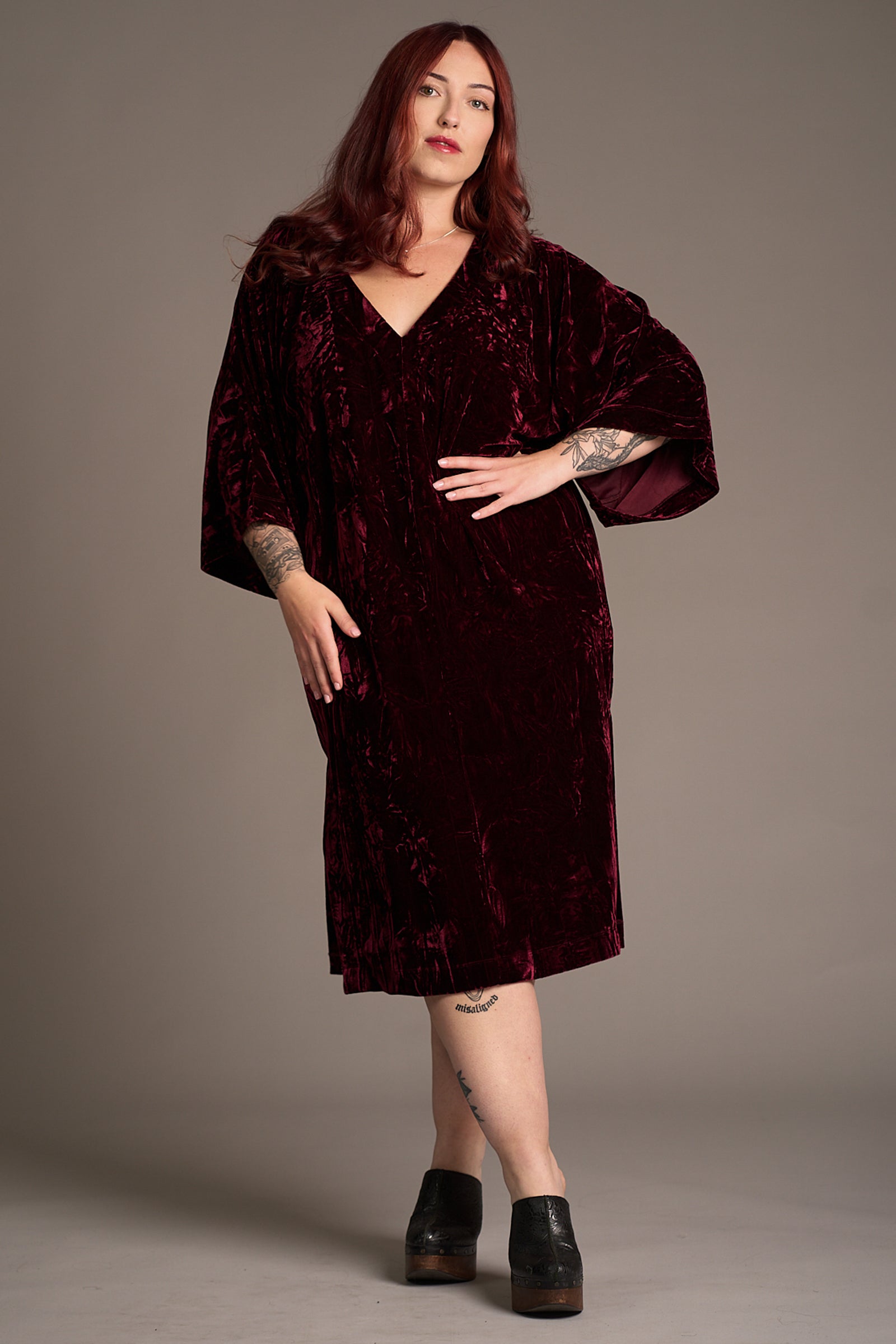 Taylor wearing the Rumours Merlot Velvet Midi Dress, Stevie Nicks inspired styling studio