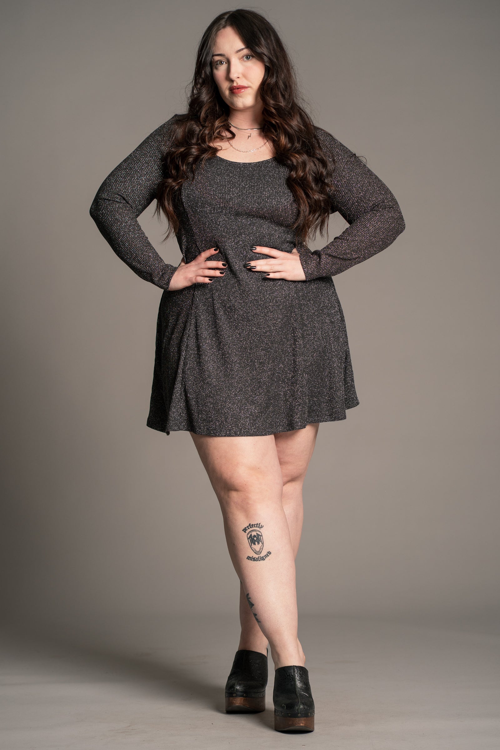 Full length view of Little Lies Sweet Jane Gunmetal Shimmer Mini Dress styled with boots