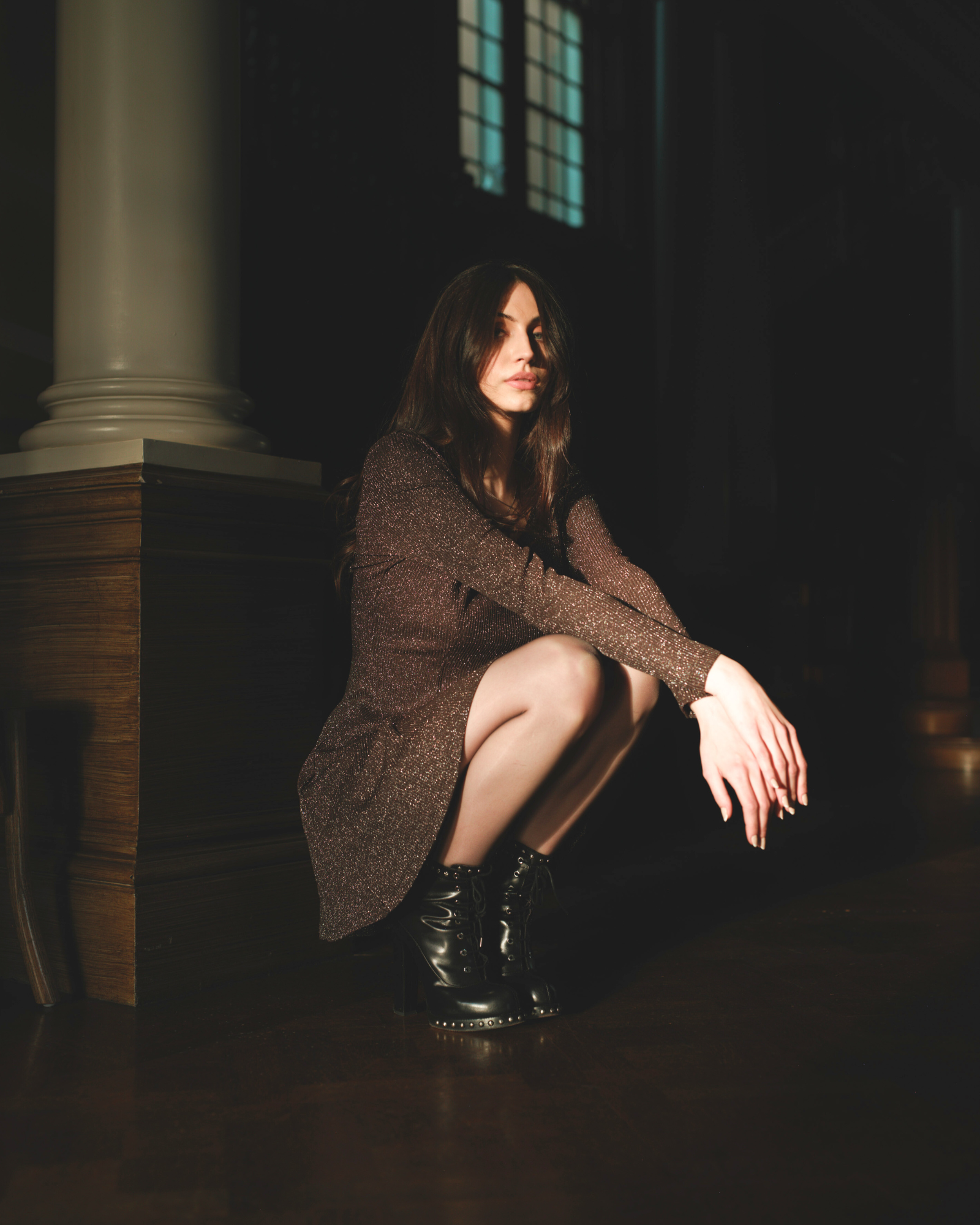 Andie wearing Sweet Jane Gunmetal Mini Dress