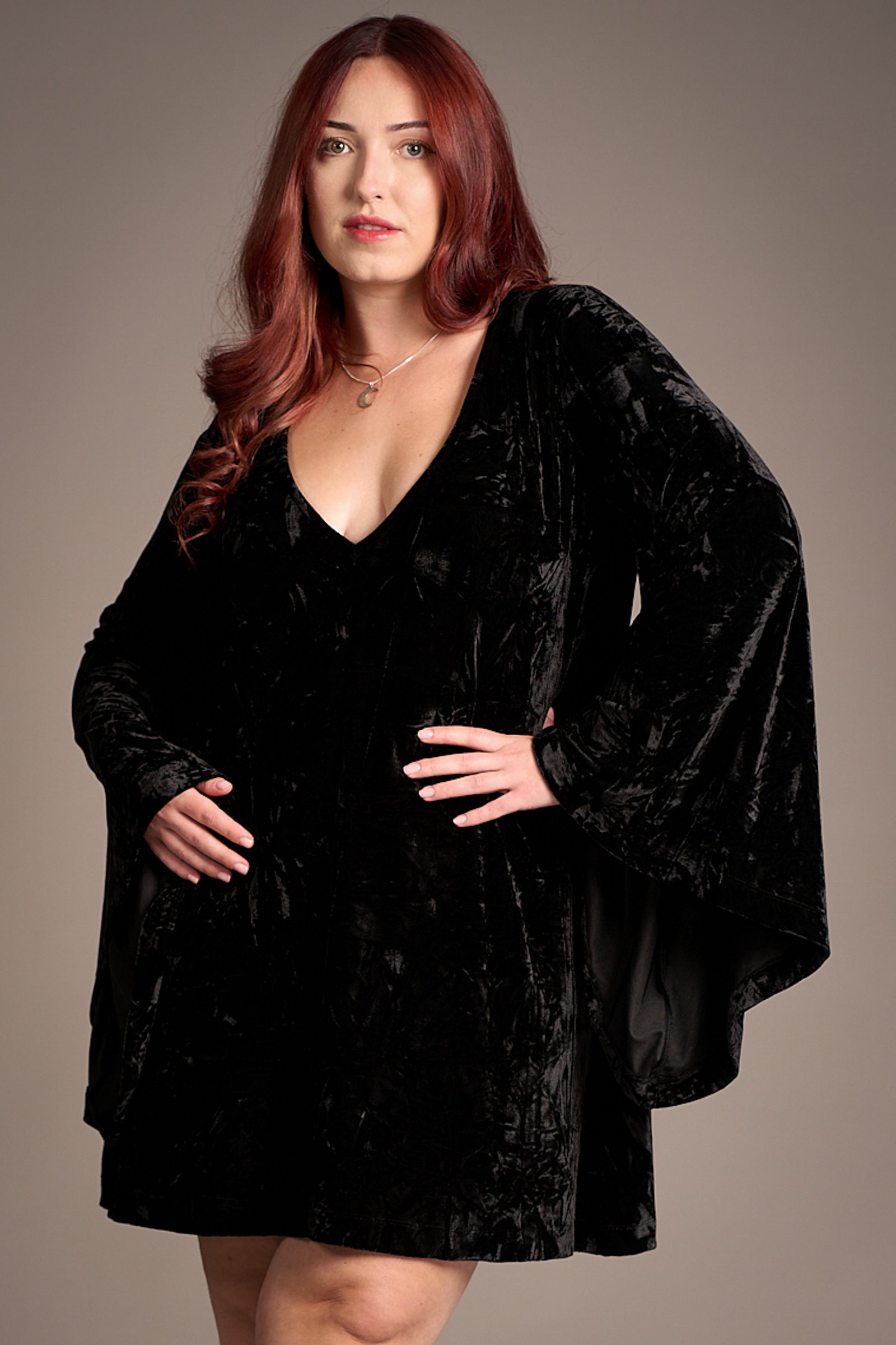 Taylor wearing the Sara Black Velvet Mini Dress, Stevie Nicks inspired styling studio