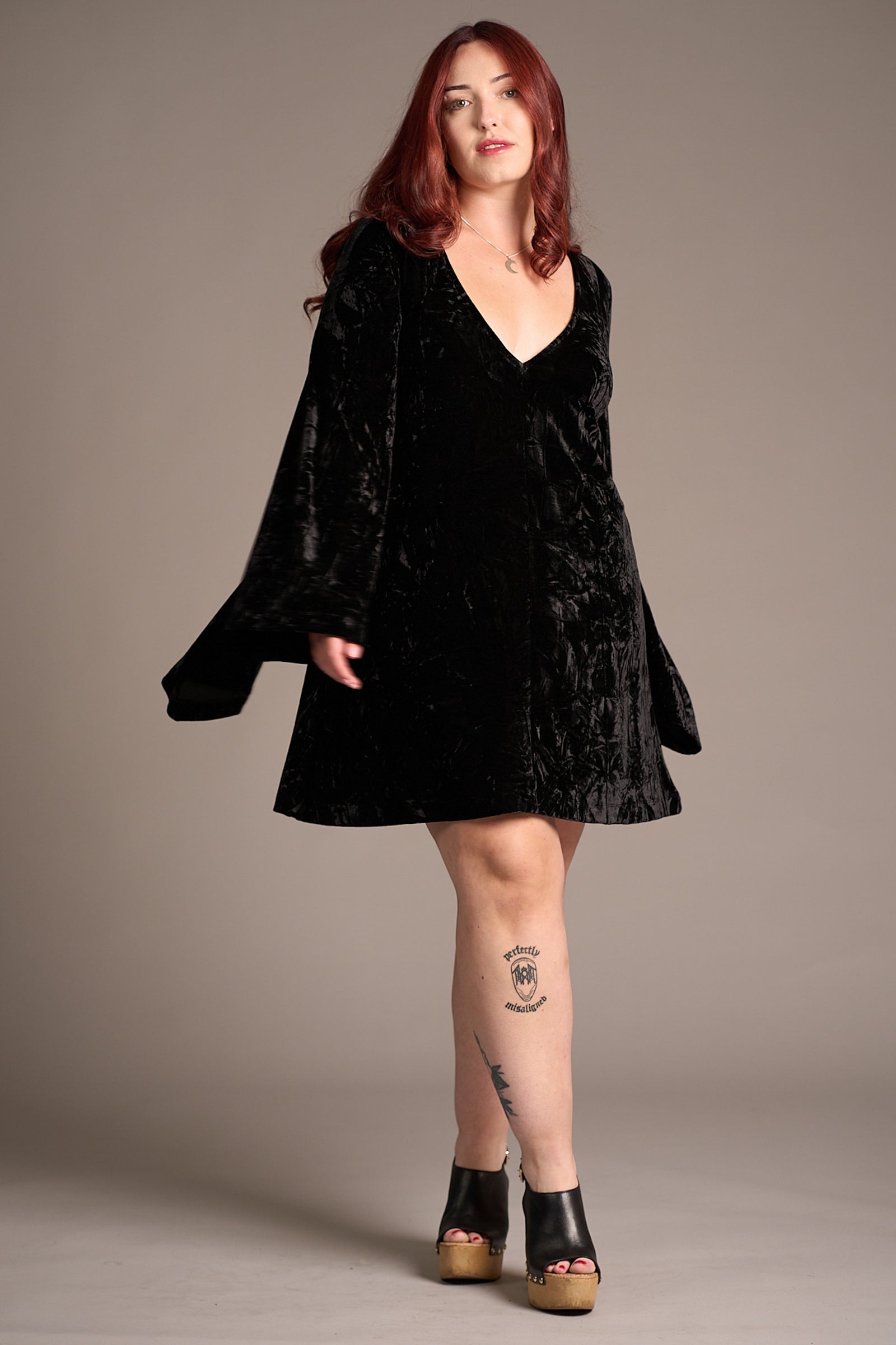 Taylor wearing the Sara Black Velvet Mini Dress, Stevie Nicks inspired styling studio