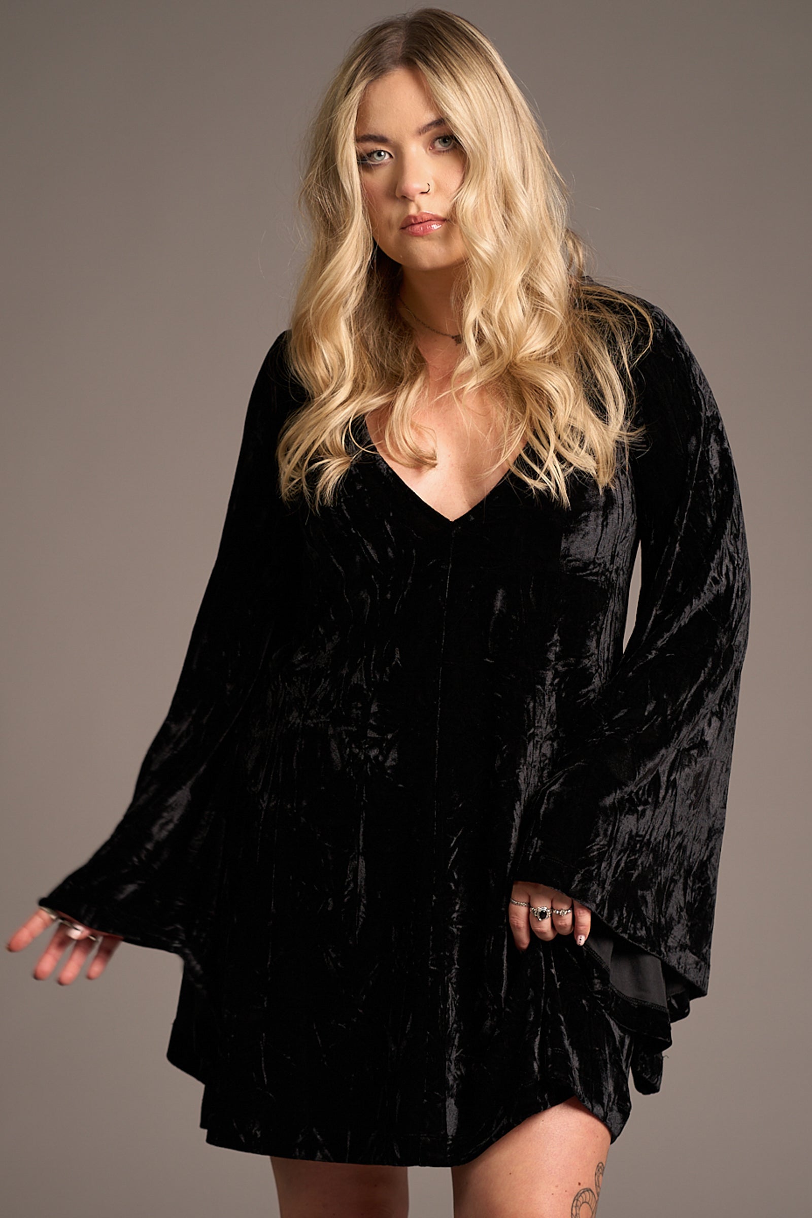 Erin wearing the Sara Black Velvet Mini Dress, Stevie Nicks inspired styling studio
