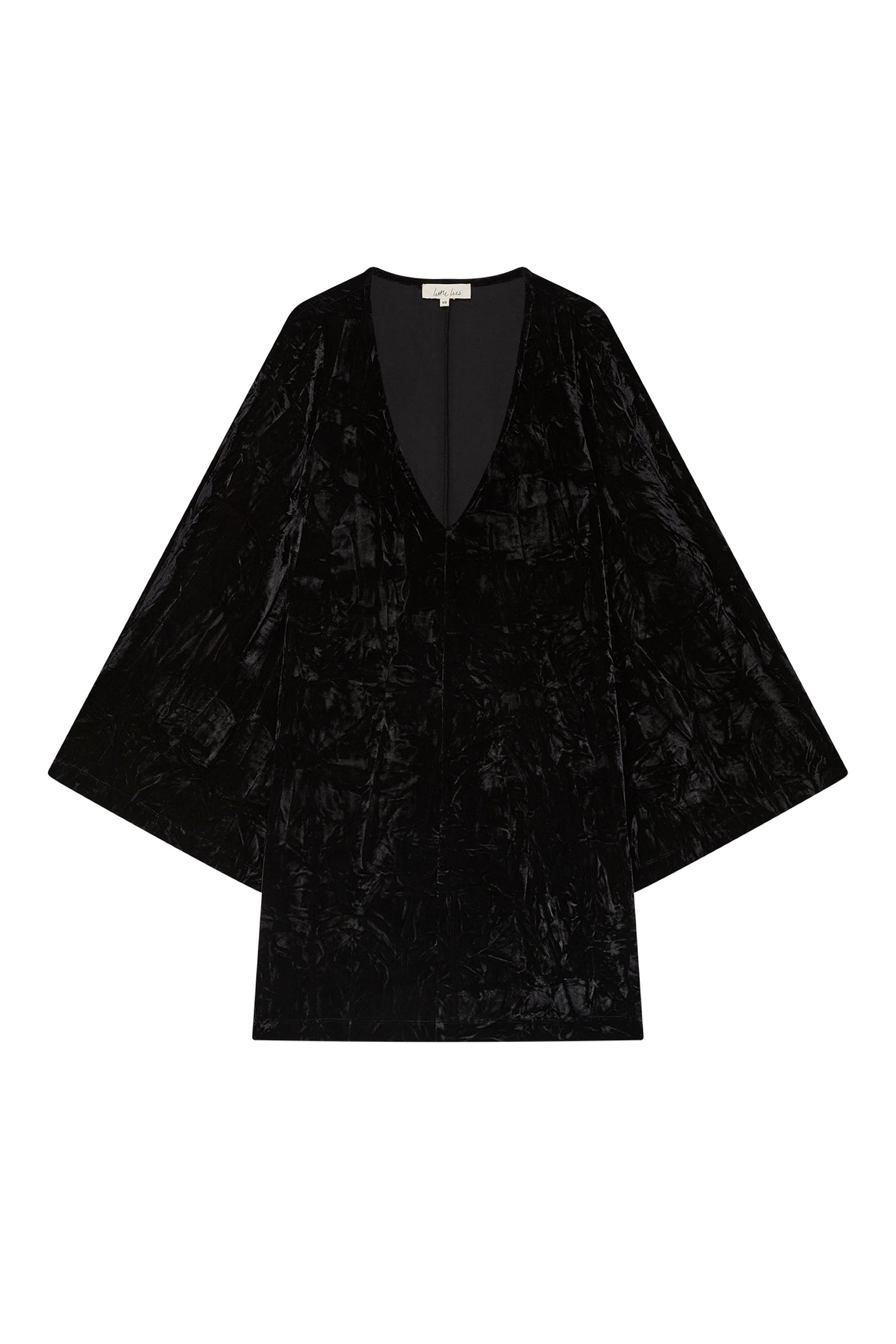 Sara Black Velvet Mini Dress with deep V-neckline, flared sleeves, and crushed velvet texture