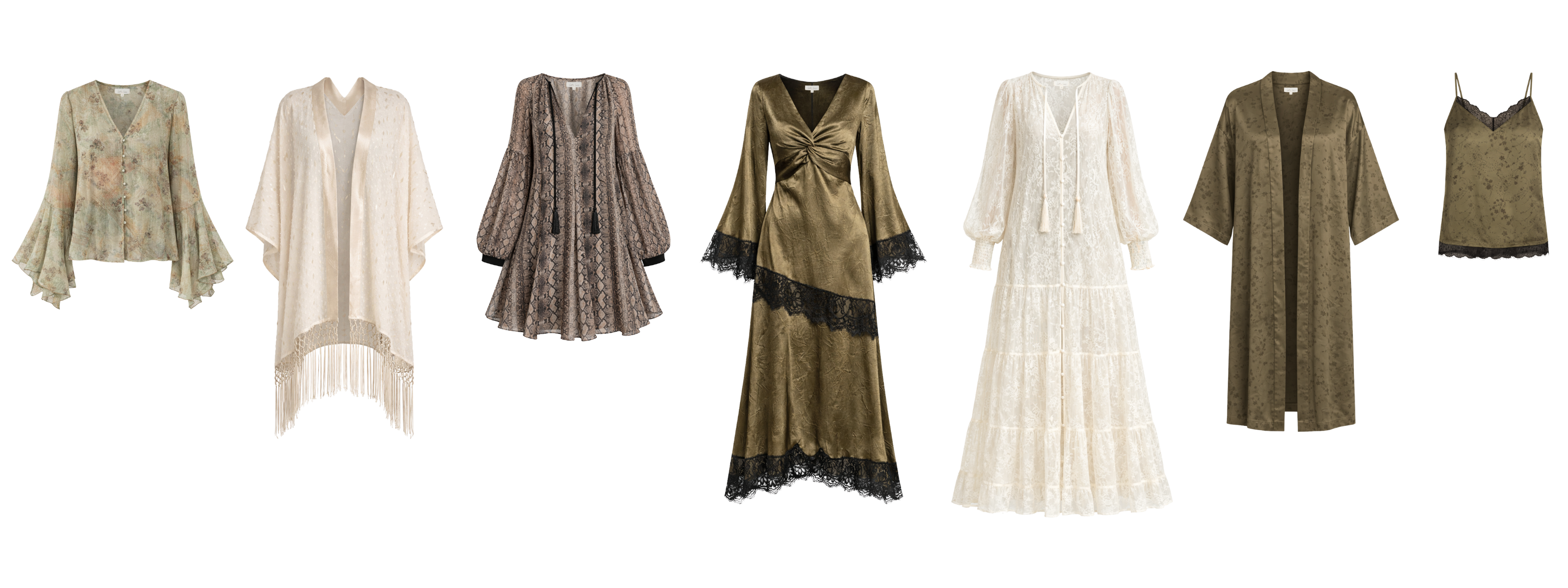 Flat‑lay image of the Little Lies Songbird Spring Collection featuring a range of boho‑inspired pieces: floral blouses, a fringed kimono, a snake print mini dress, a satin lace‑trim wrap dress, a tiered white lace maxi dress, a patterned longline kimono, and a coordinating paisley cami.
