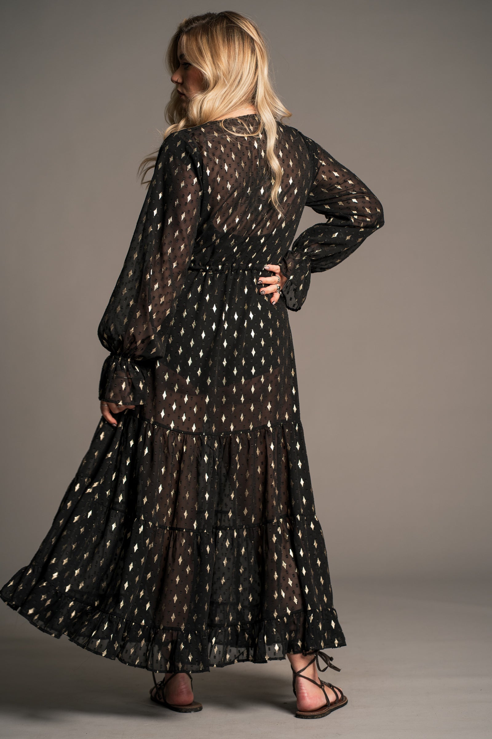 Space Oddity Metallic Maxi worn closed as a dress with drawstring waist