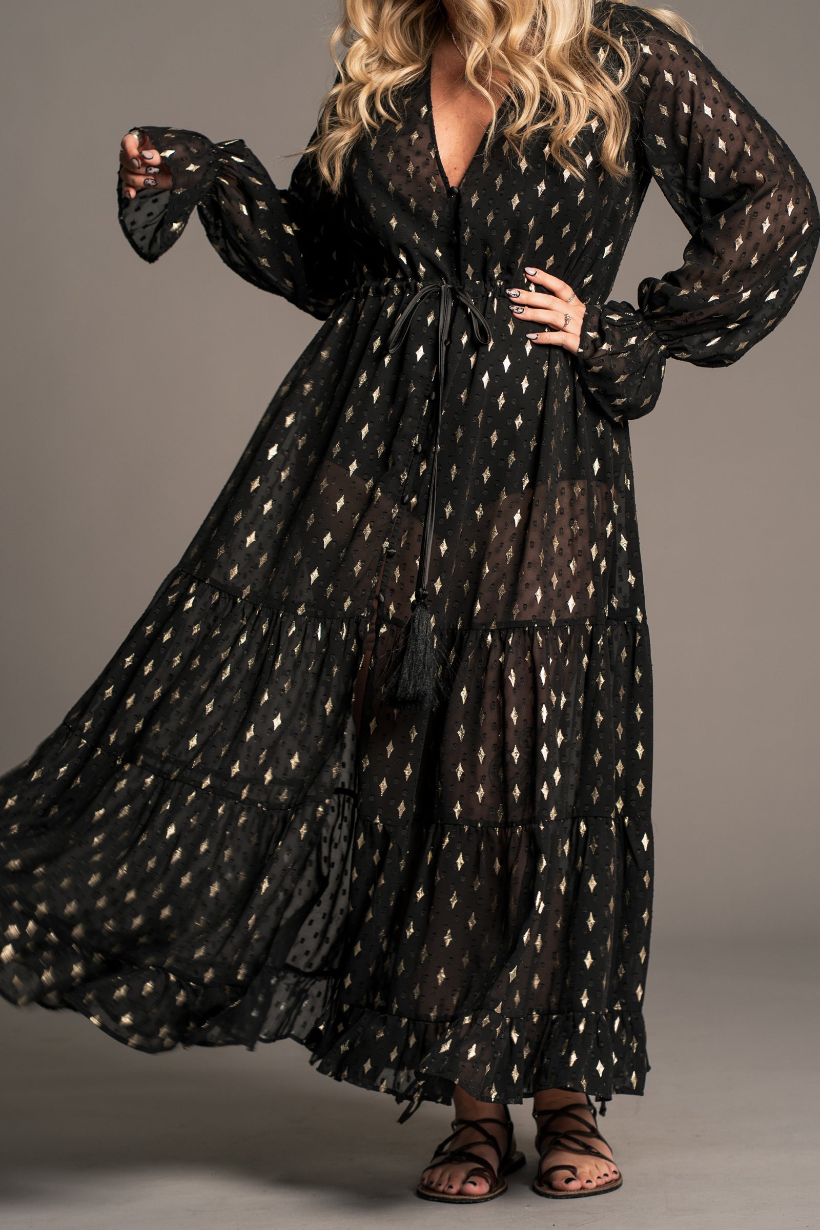 Space Oddity Metallic Maxi dress with tiered skirt and fluted cuffs
