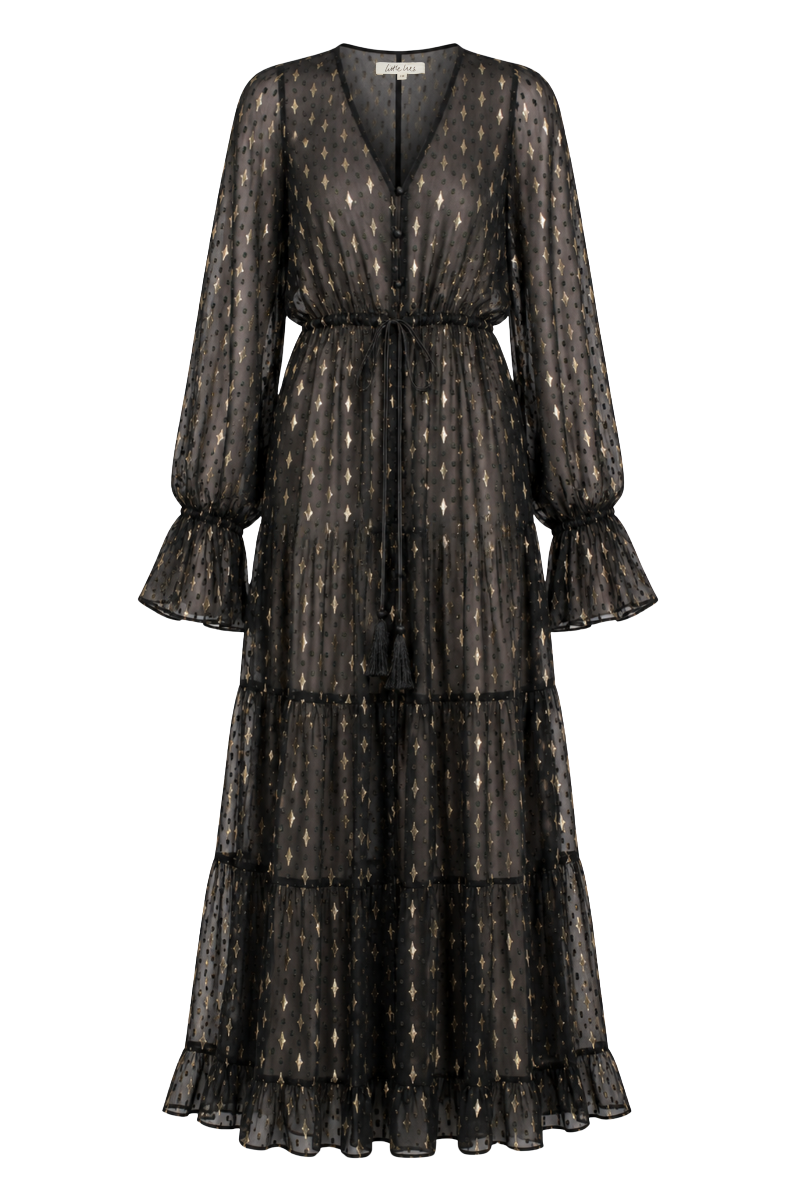 Ghost image of Little Lies Space Oddity Metallic Maxi showing button-down silhouette and gold metallic motif on sheer black chiffon