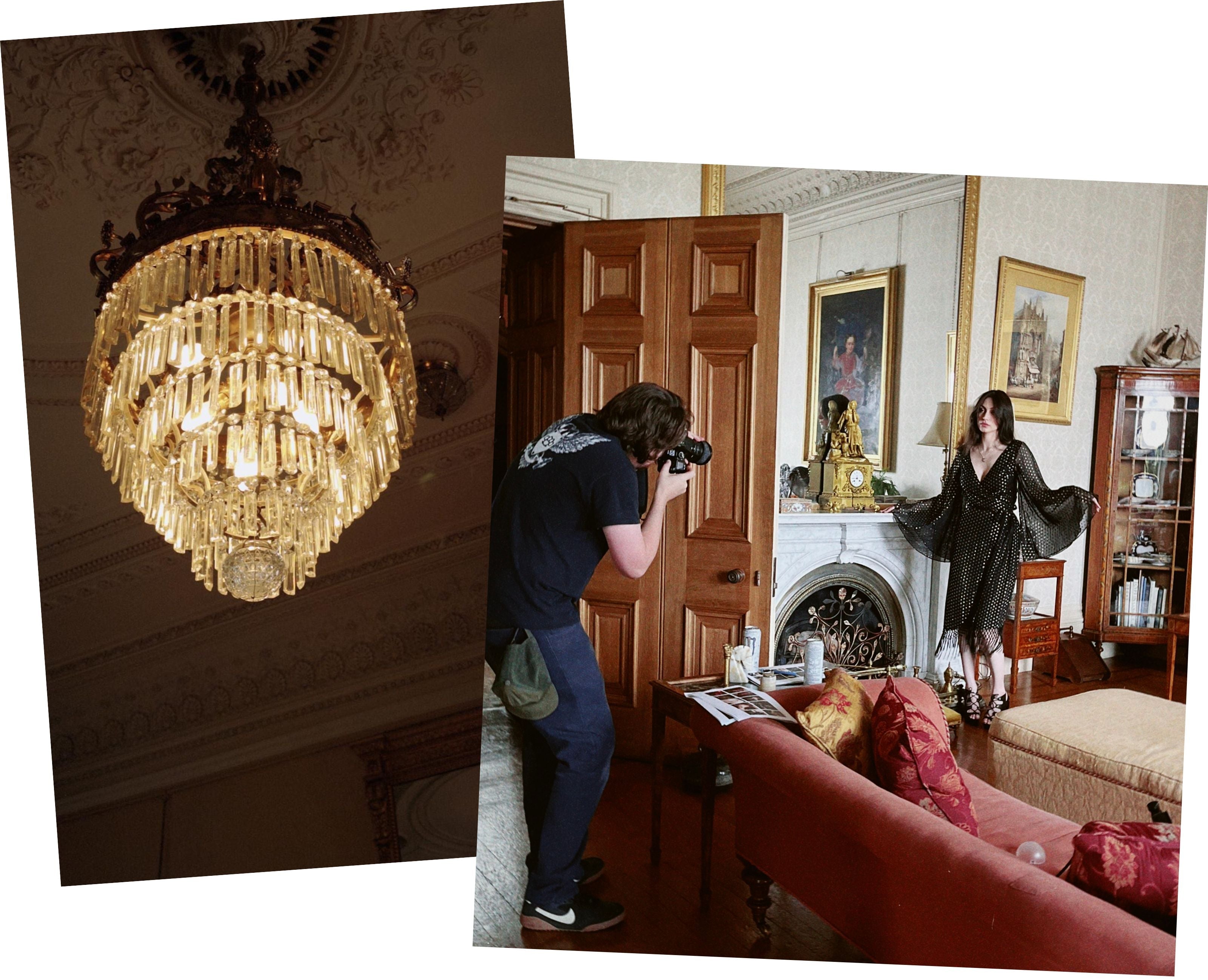 Behind the scene of Winter '25 campaign shoot, Andie wearing Cosmic Dancer Metallic Wrap Dress