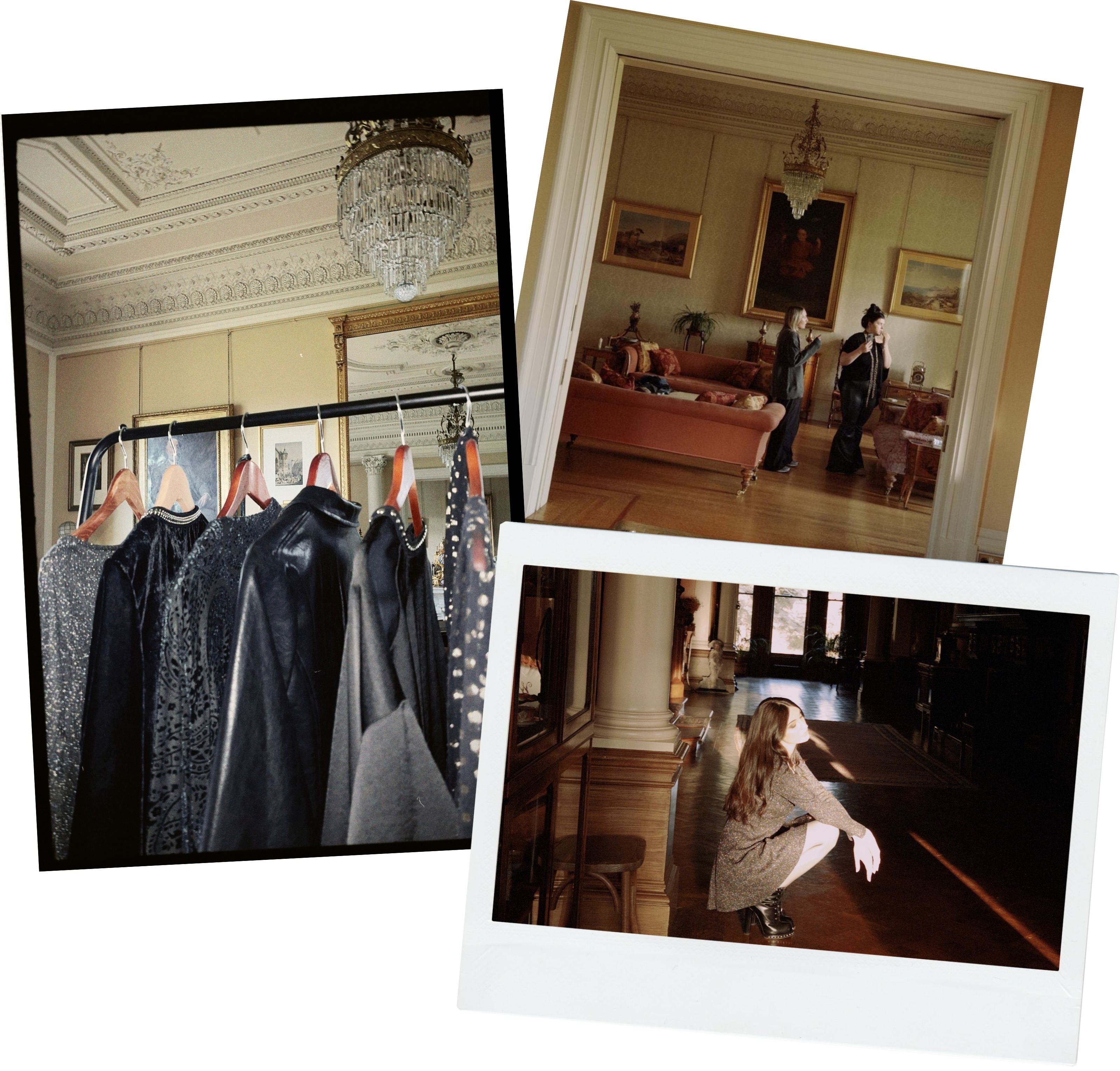 Behind the scene of Winter '25 campaign shoot, Andie wearing Sweet Jane Metallic Mini Dress, clothes rail with velvet, studs and sparkle. 