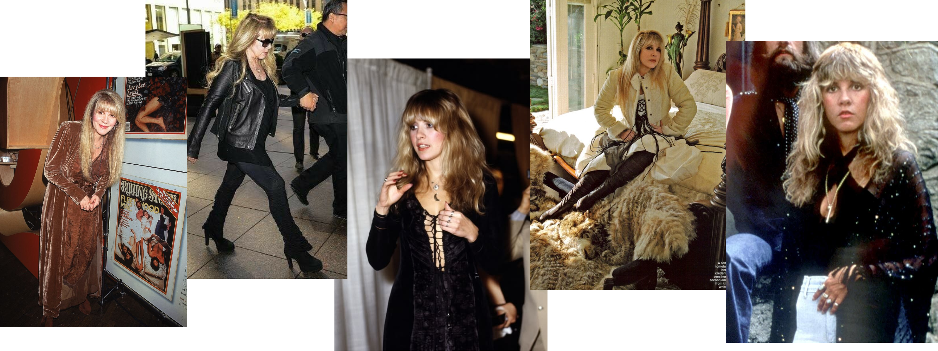 Stevie boho rock fashion collage featuring vintage-inspired outfits, lace dresses, velvet styling and relaxed layering