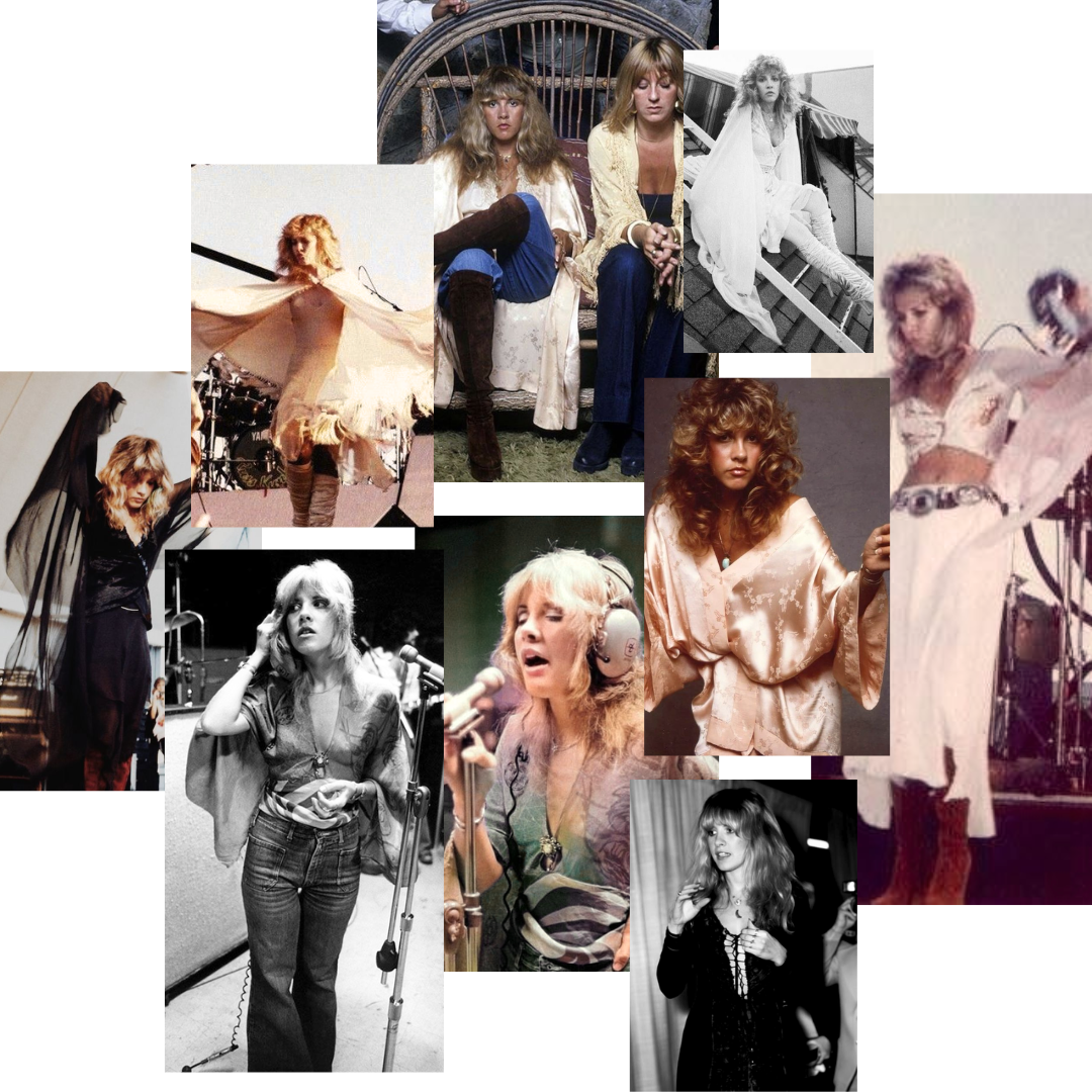 Stevie‑inspired vintage style collage featuring boho dresses, lace, chiffon and seventies rock aesthetic