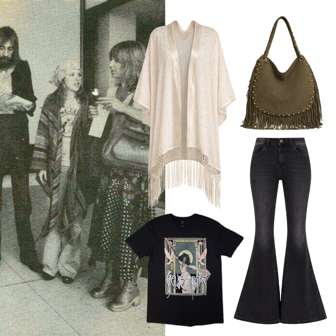 Stevie-inspired boho outfit collage featuring cream Songbird fringed kimono, studded khaki Willow fringe bag, dark wash flared jeans and vintage rock band tee
