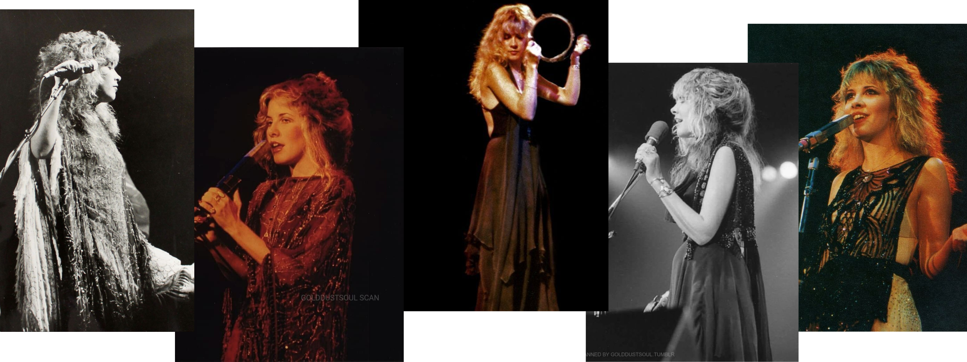 Live performance collage of Stevie Nicks in various flowing dresses and shawls, showcasing her iconic stage presence and inspirational style