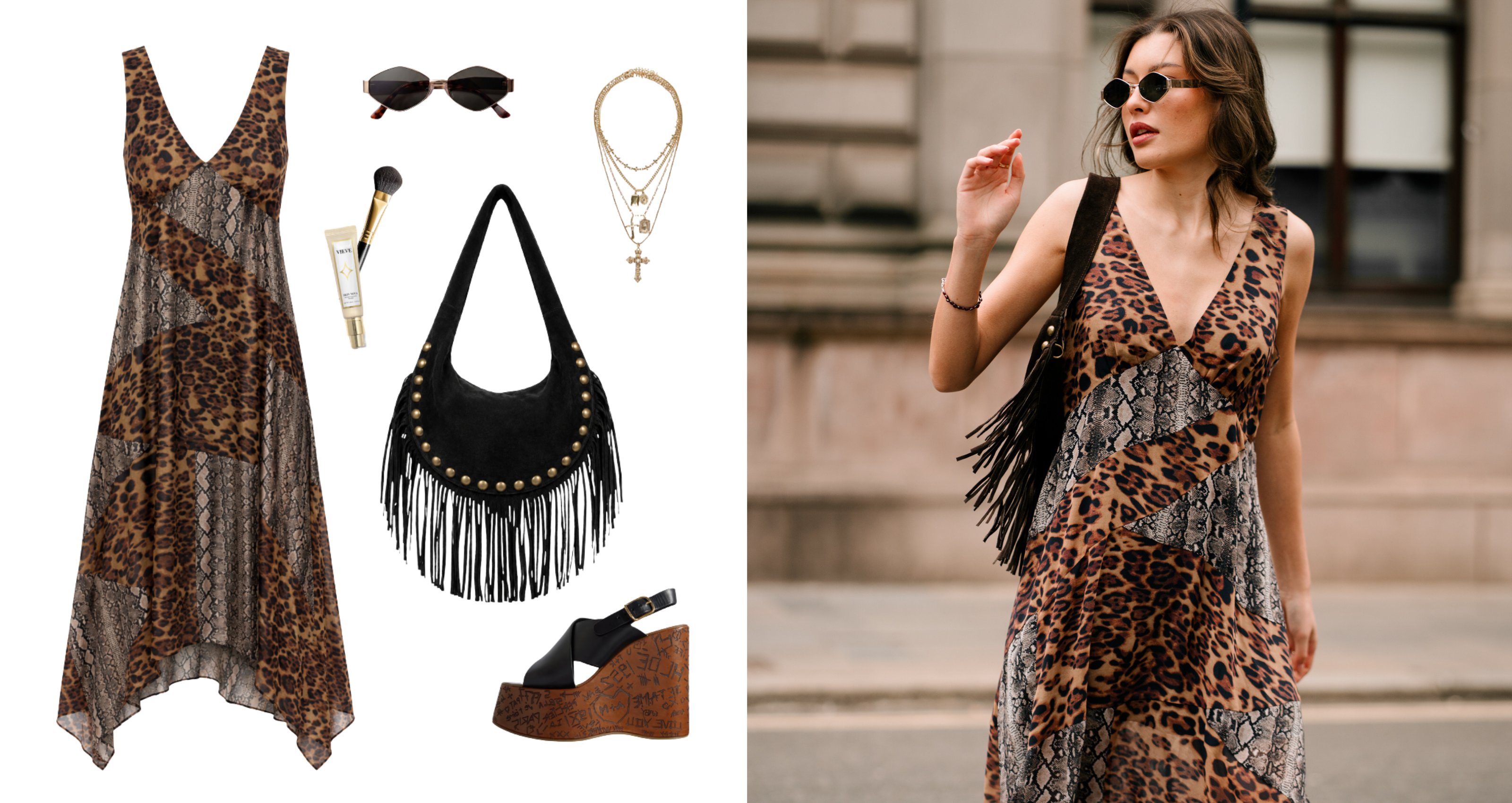 Model wearing Little Lies Zadie animal handkerchief dress featuring mixed leopard and snake print panels styled with black fringe shoulder bag, layered necklaces and sunglasses for boho-inspired styling
