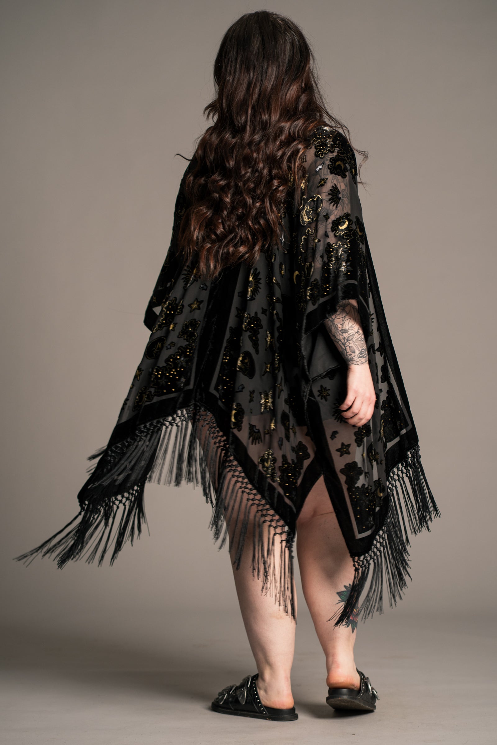 Little Lies Suzi Skull black devore kimono with skull motif, sheer fabric and fringe trim, on‑model back view