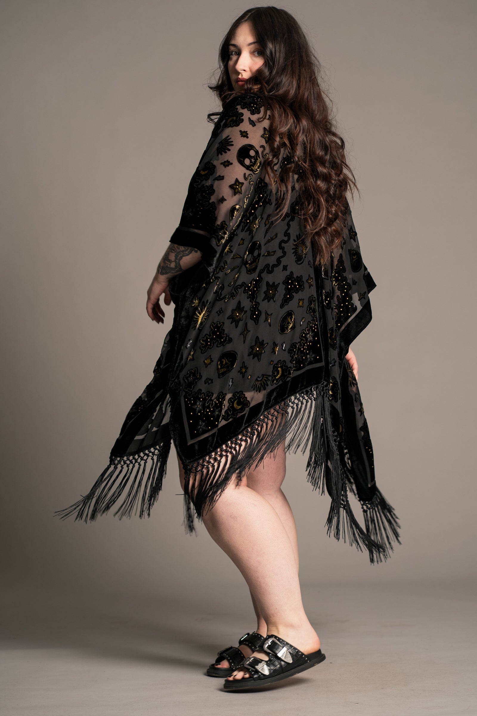 Little Lies Suzi Skull black devore kimono with skull motif, sheer fabric and fringe trim, on‑model back angled view