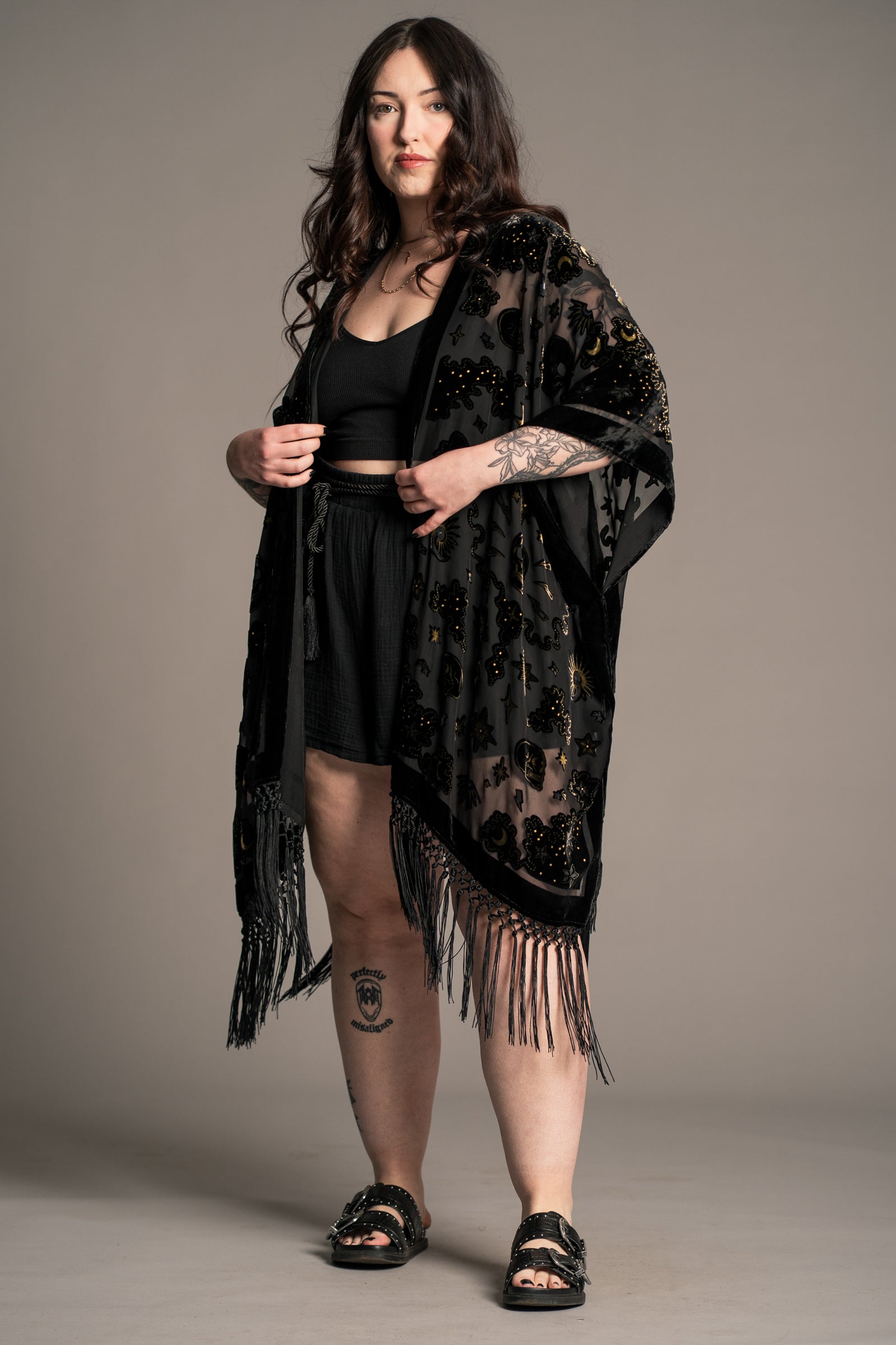 Little Lies Suzi Skull black devore kimono with skull motif, sheer fabric and fringe trim, on‑model front view