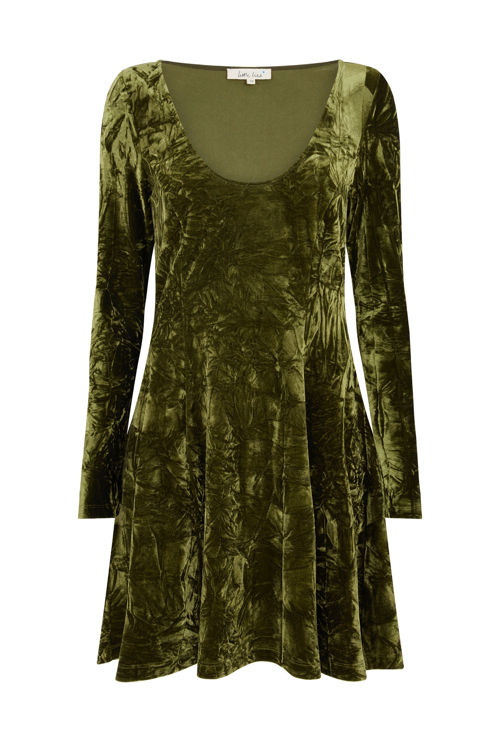 Ghost image of the Sweet Jane Olive Crushed Mini Dress showing scoop neckline and fit-and-flare shape.